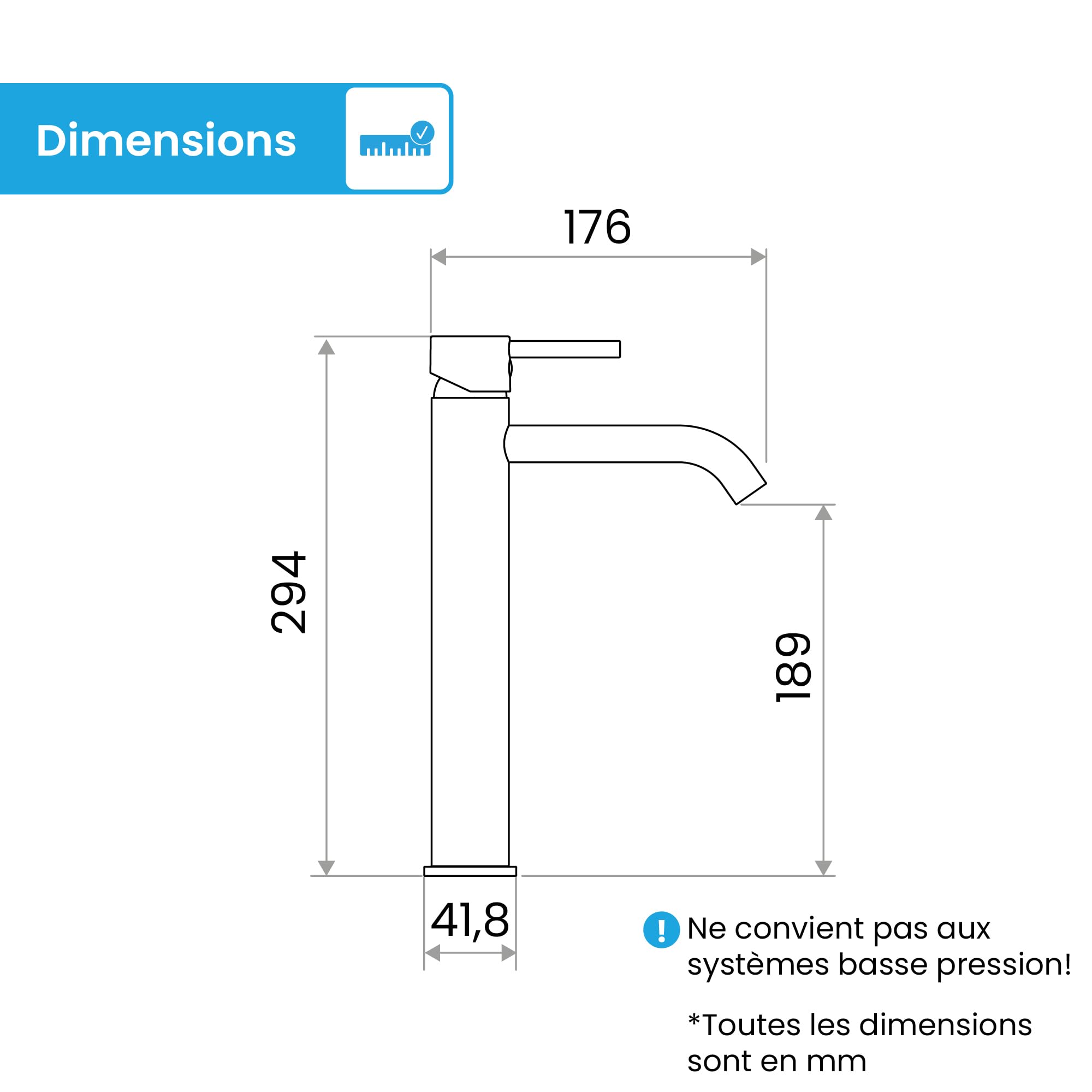 Bächlein Susara Grifo alto de baño con caño curvo de diseño extra alto, grifo monomando para lavabos de encimera con cartucho de cerámica resistente y juego de montaje, grifo de