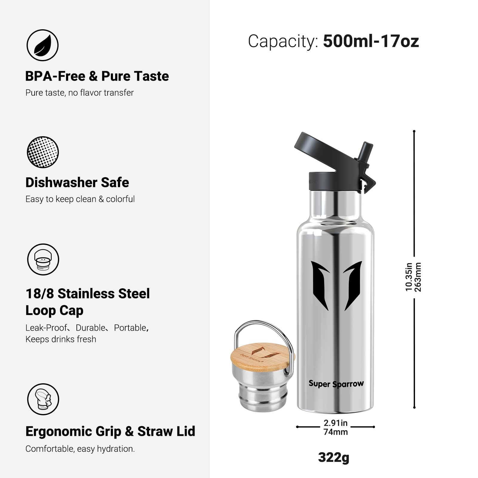 Super Sparrow Borraccia Termica - Bottiglia Termica Senza Perdite - 350ml/500ml/620ml/750ml/1L - Senza BPA Borracce Bambini - Per Scuola, Sport, Campeggio, Palestra, Ciclismo - Con 2 Tappi