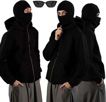 Mens Hoodie with Mask, Balaclava Hoodie Zip Up Oversized Windproof Sweatshirt Motorcycle Ski Ninja Jackets Unisex