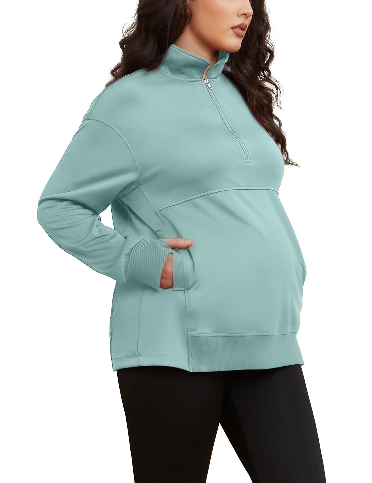 Bhome Umstands-Sweatshirt, halber Reißverschluss, aktives Umstandsshirt, langärmelig, mit Daumenlöchern und Taschen, Umstandspullover