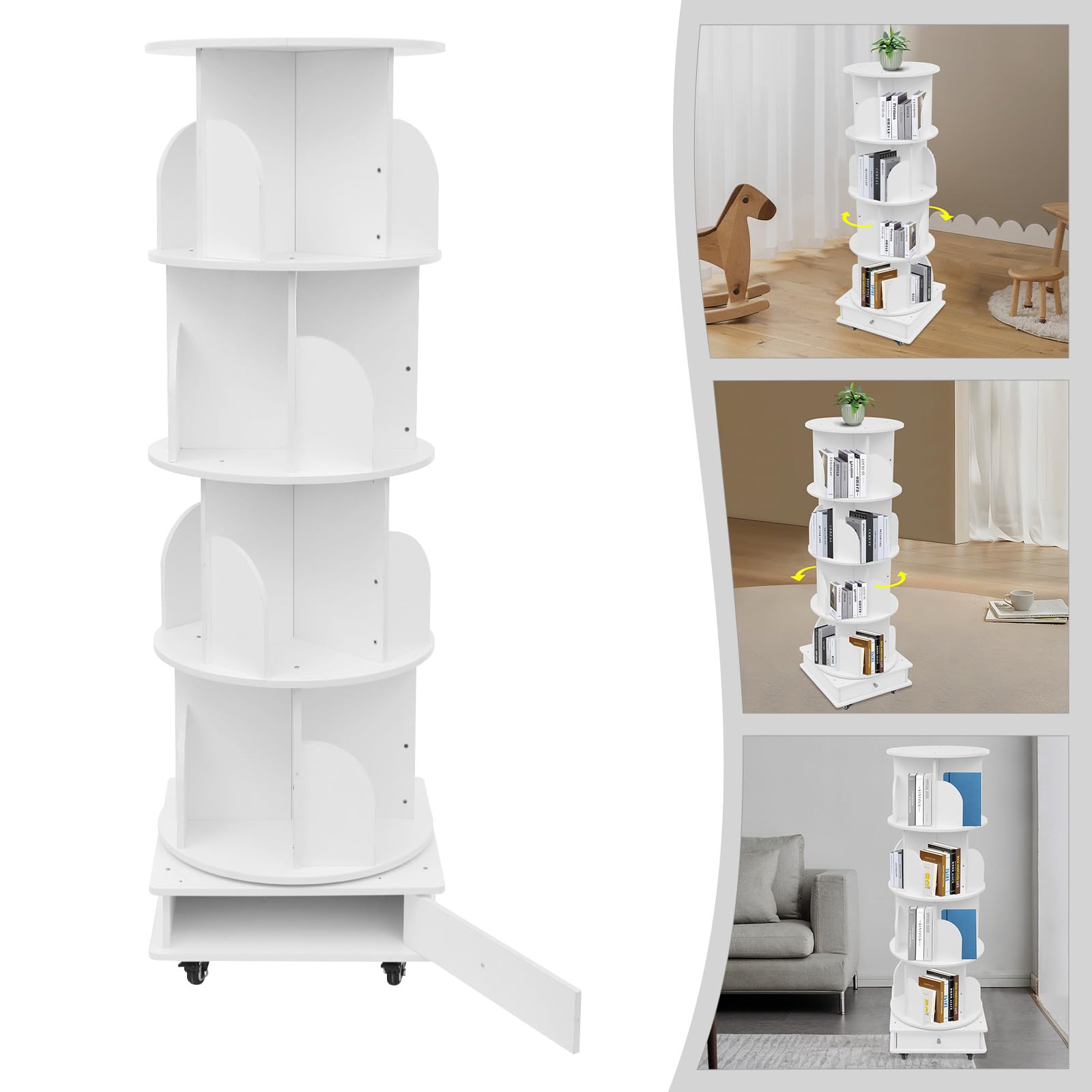 Estantería giratoria de 360 grados,Estantería de 4 niveles, estantería con ruedas,Estantería,Estantería multifuncional de madera maciza,Fácil de mover (blanco)