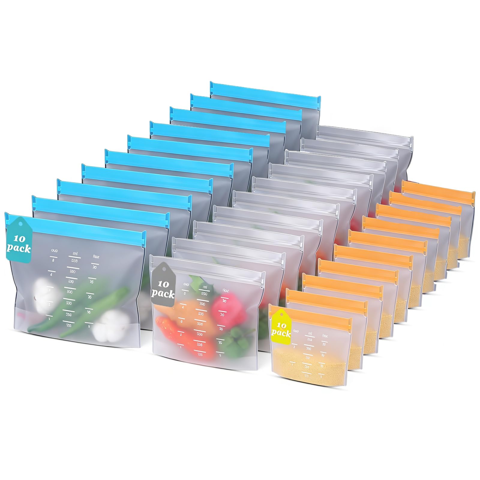Reusable Freezer Bags, 30 Pack, L (3000 ml), M (1250 ml), S (625 ml)