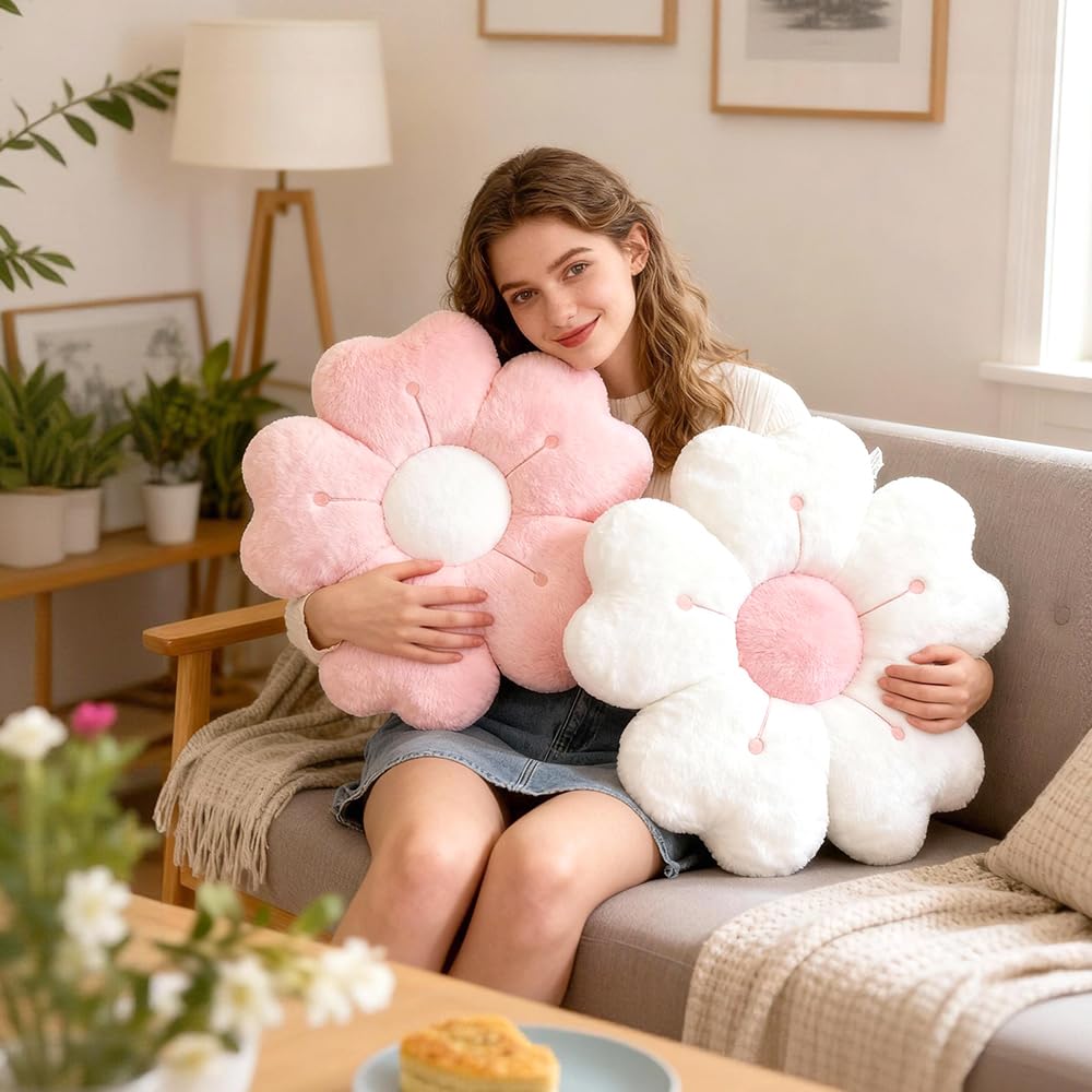 Cojines de flores 35 cm suaves para suelo decoración habitación sofá cama (blanco)