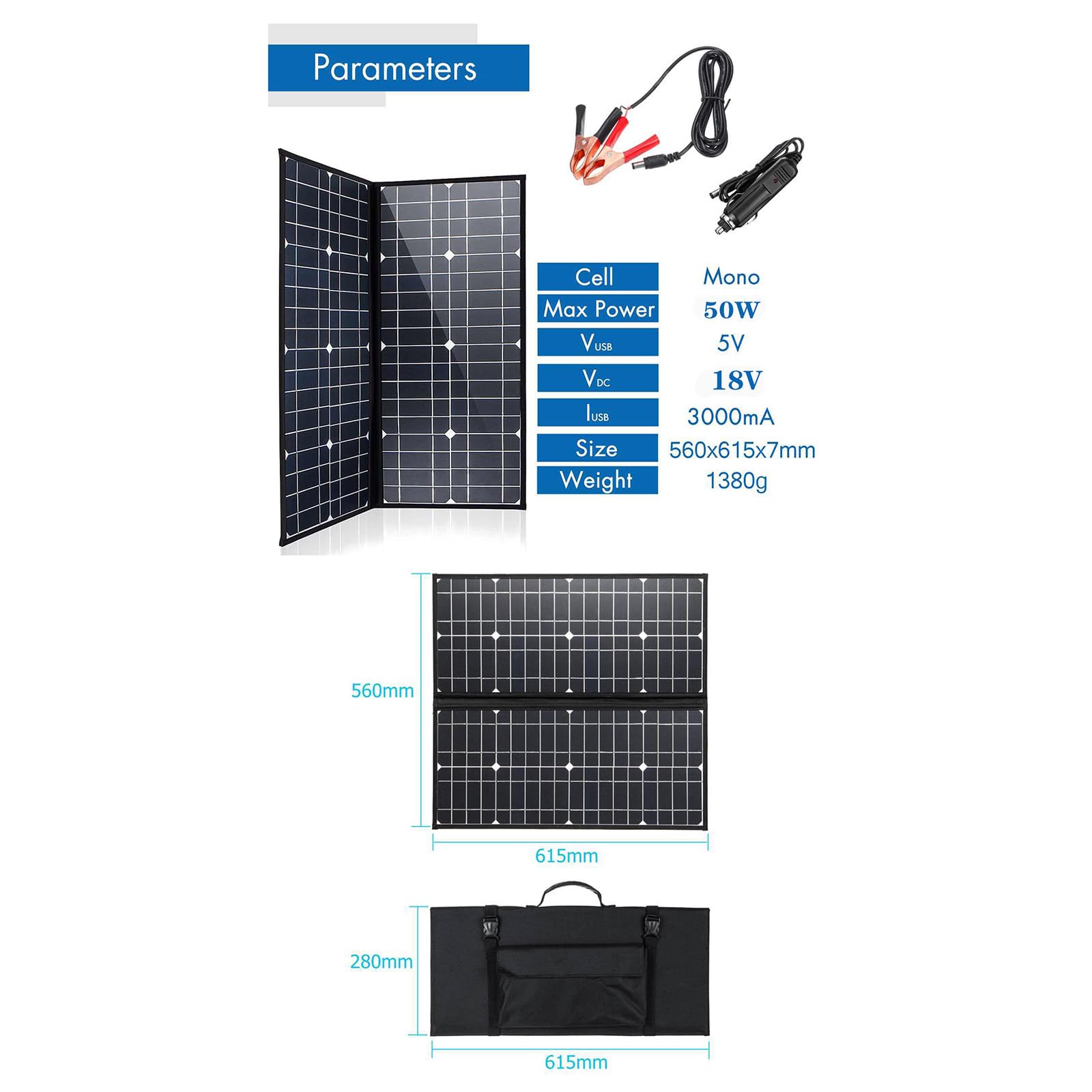 Kit de panneau solaire pliable 50W 18V, léger (560x615x7mm, 1380g), monocristallin, étanche IP65 pour camping-car, bateau