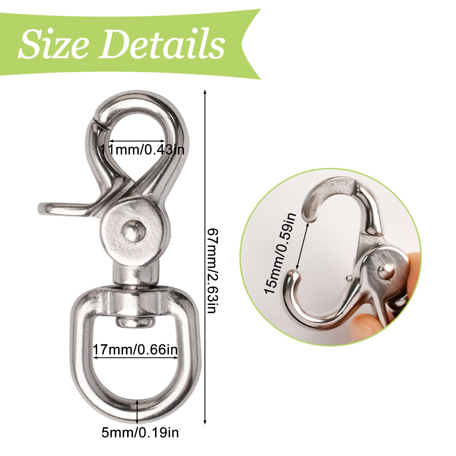 UFURMATE Swivel Clip, 2Pcs 316 Stainless Steel Leash Swivel Snap Hooks Locking Dog Leash Buckle Quick Release Buckles 360 Degree Swivel Clips for Dog Walking Camping Hiking (Silver, 17mm Ring)