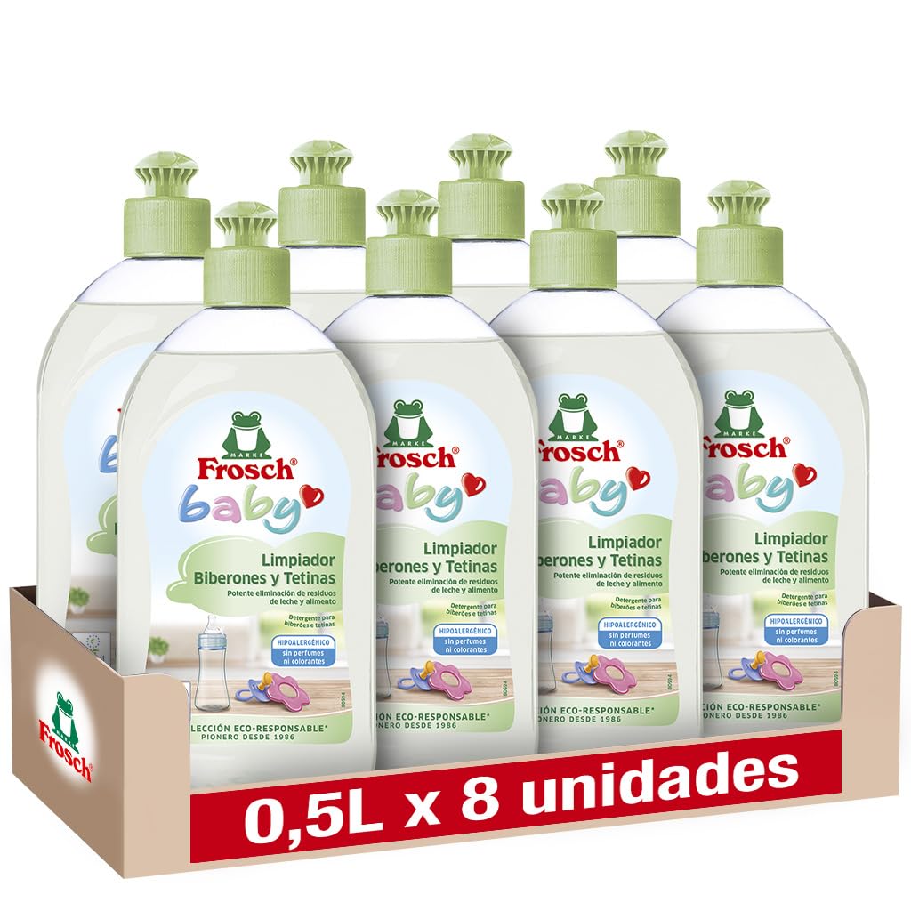Frosch Baby - Detergente per biberon e tettarelle, rimuove residui di latte e cibo, prodotto ipoallergenico ed ecologico, confezione da 8 pezzi x 500 ml