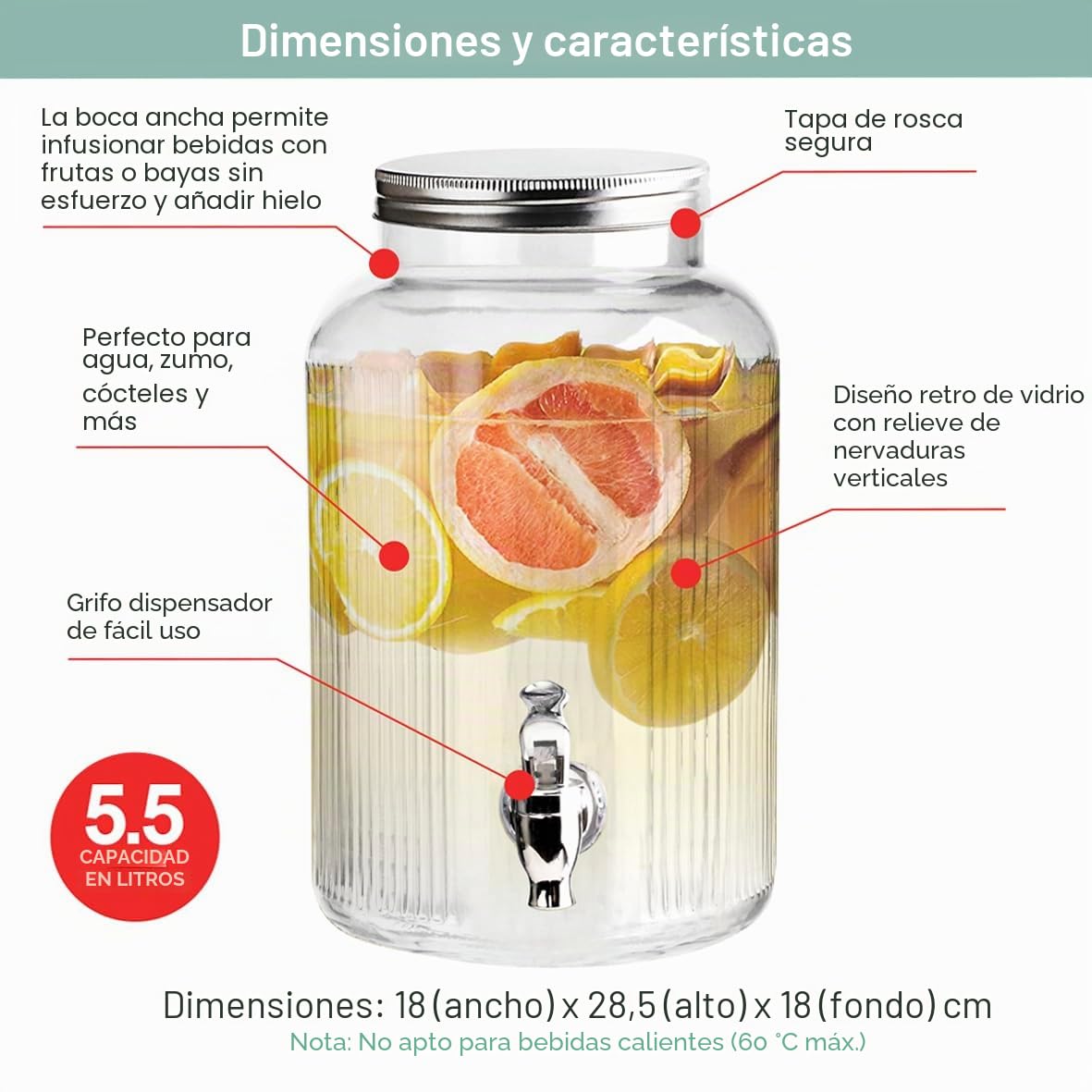 51059 - Dispensador de bebidas con grifo, 5,5 litros, tapa de rosca segura, cuello ancho para botella, diseño retro, perfecto para agua, zumo, cócteles y más