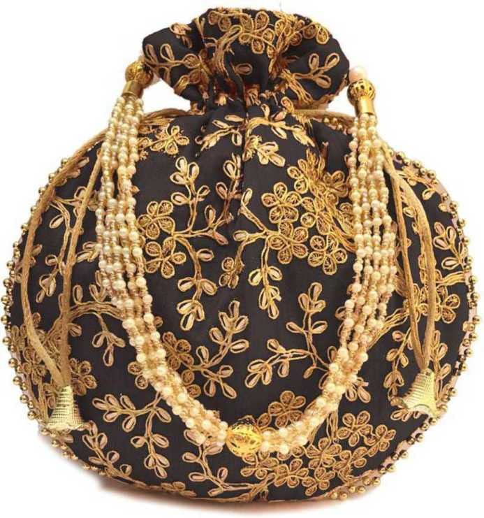 Potli Bags for Ladies for Wedding Parties Mirror Embellished Embroidered Bag for Women (Dark Black)-image-22