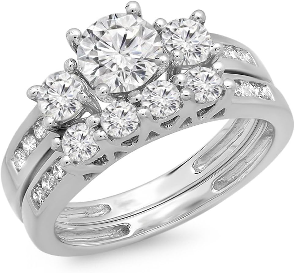Dazzlingrock Collection 1.80 Ctw 14K Real Solid Gold Round Natural Diamond Women Bridal 3 Stone Engagement Ring with Matching Band Set