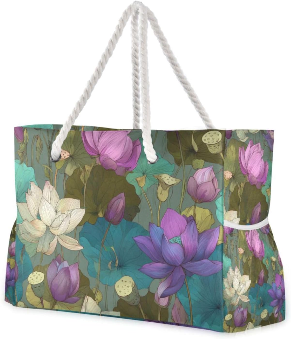 OTVEE Lotus Flowers and Buds with Leaves Beach Bags for Women Ladies Large Canvas Tote Shoulder Bag Waterproof Travel Bags for Gym Swim Pool Camping