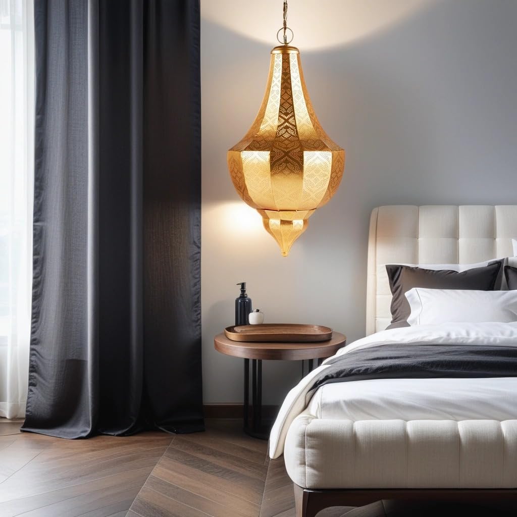 Oosterse lamp, hanglamp goud Malha 50 cm, E14 lampfitting, Marokkaans design, hanglamp uit Marokko, oriëntaalse lampen voor woonkamer, keuken of hangend boven de eettafel