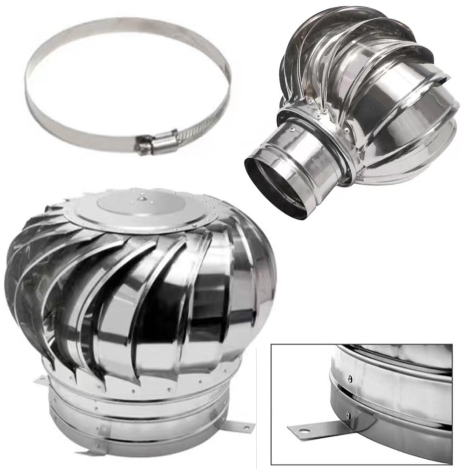 KGLHJDY Stainless Steel Chimney Spinner Cowl, Anti Downdraught Chimney Caps with Clamp, 110-400mm Rotating Ventilator Cap for Flue Pipe(110mm/4.3in)