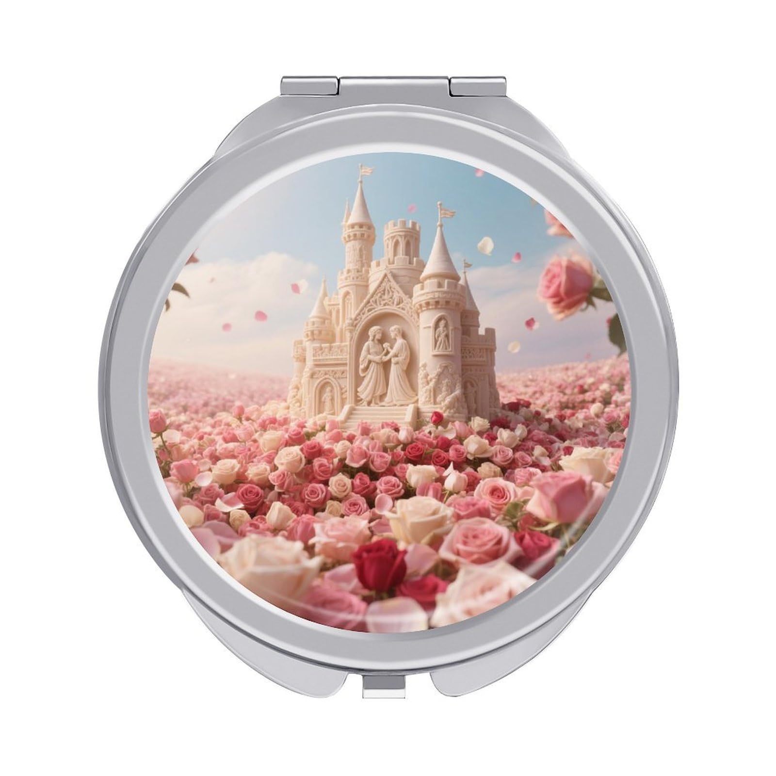 VstaDank Rose Flower Sea with Castle Makeup Mirror Beautiful Compact Makeup Mirror Silver Mirrors Surface Folding Makeups Lightweight Travel Makeups Mirrors for Suitable Handbag and Purses