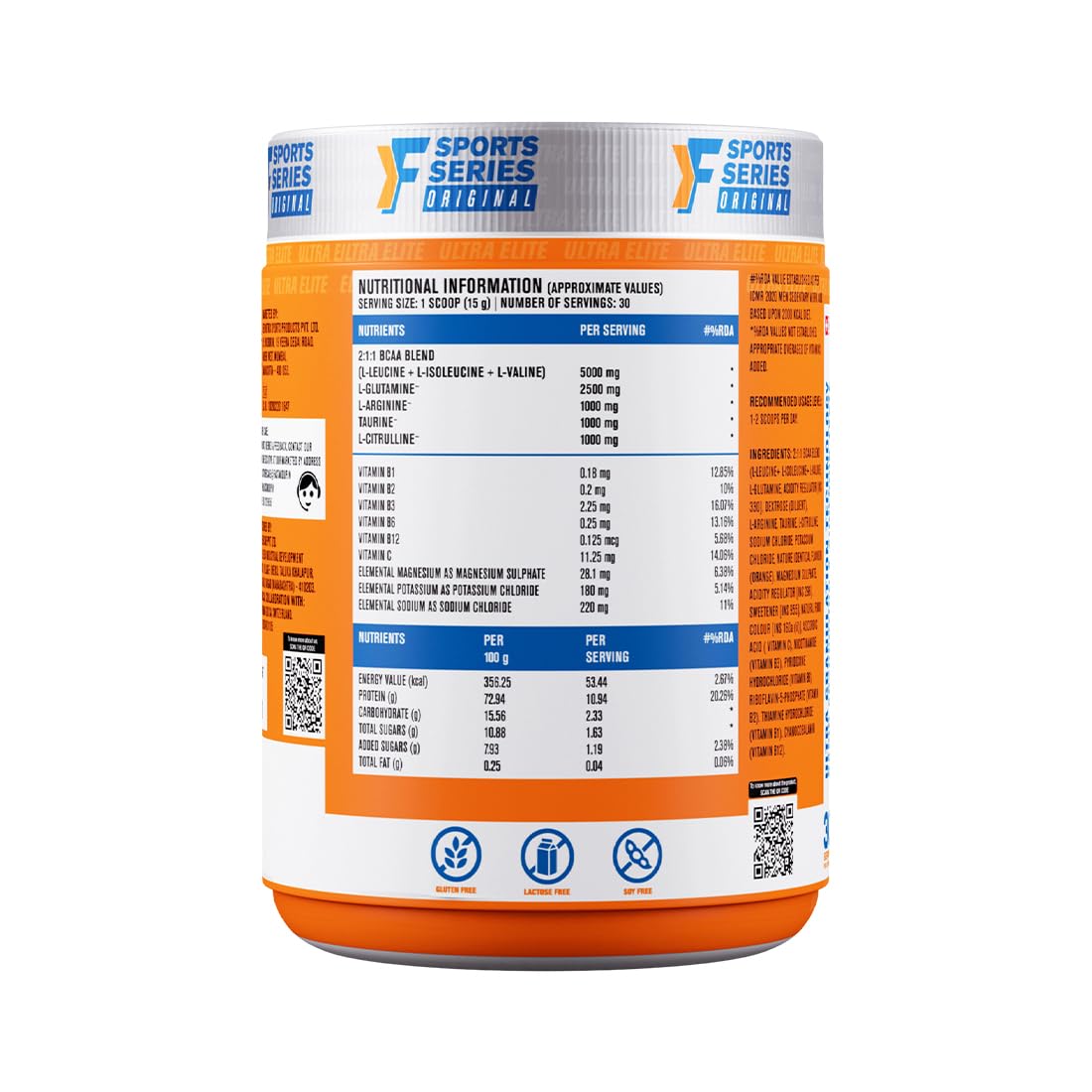 FAST&UP BCAA Orange Flavour Advanced BCAA Supplement with Glutamine, Citrulline, L-Arginine & Taurine - Pre/Post Workout & Intra Workout Supplement Powder for Adults(450gm, 30 Servings)
