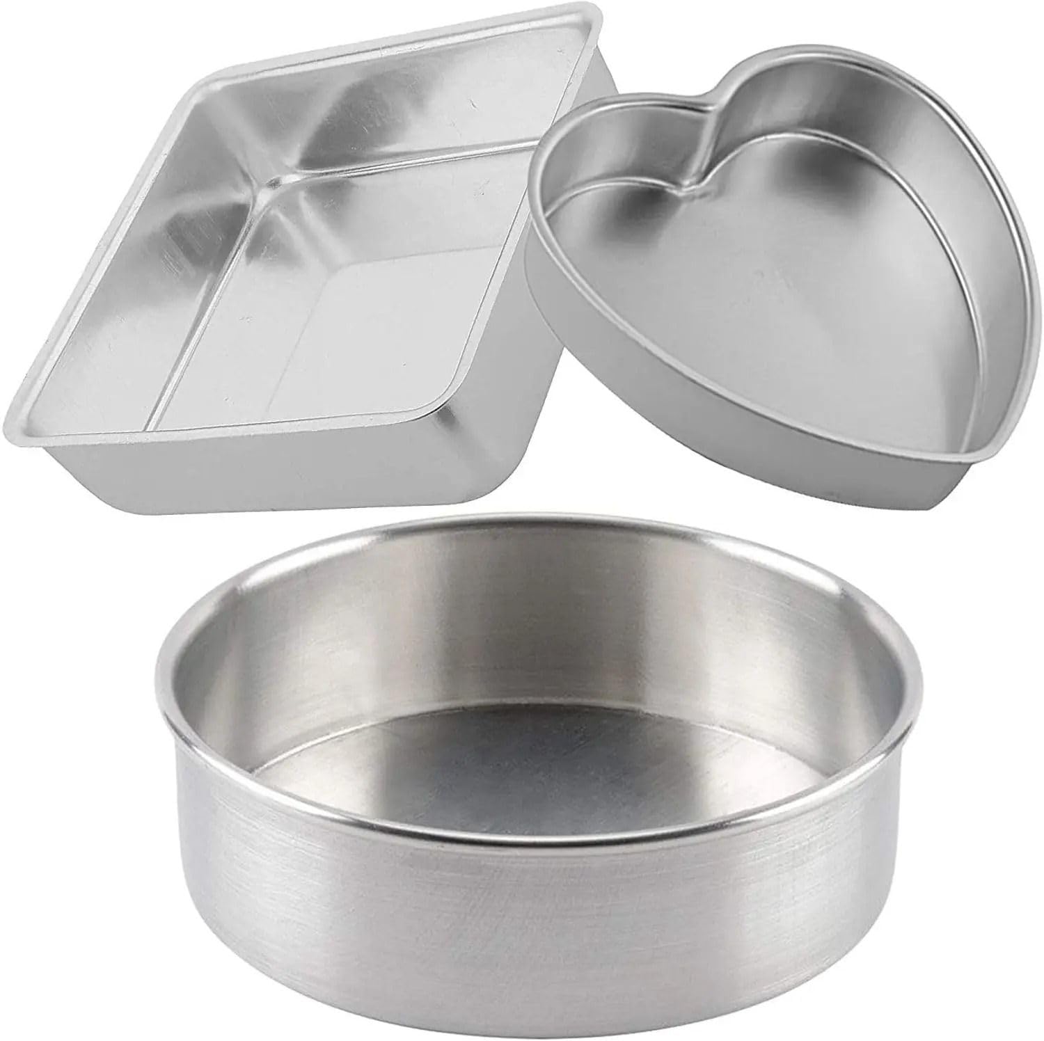 aluminium cake mould set of 3, round, heart & rectangular baking moulds, cake baking pan for home kitchen, oven baking, birthday cakes, pastry, bread & desserts