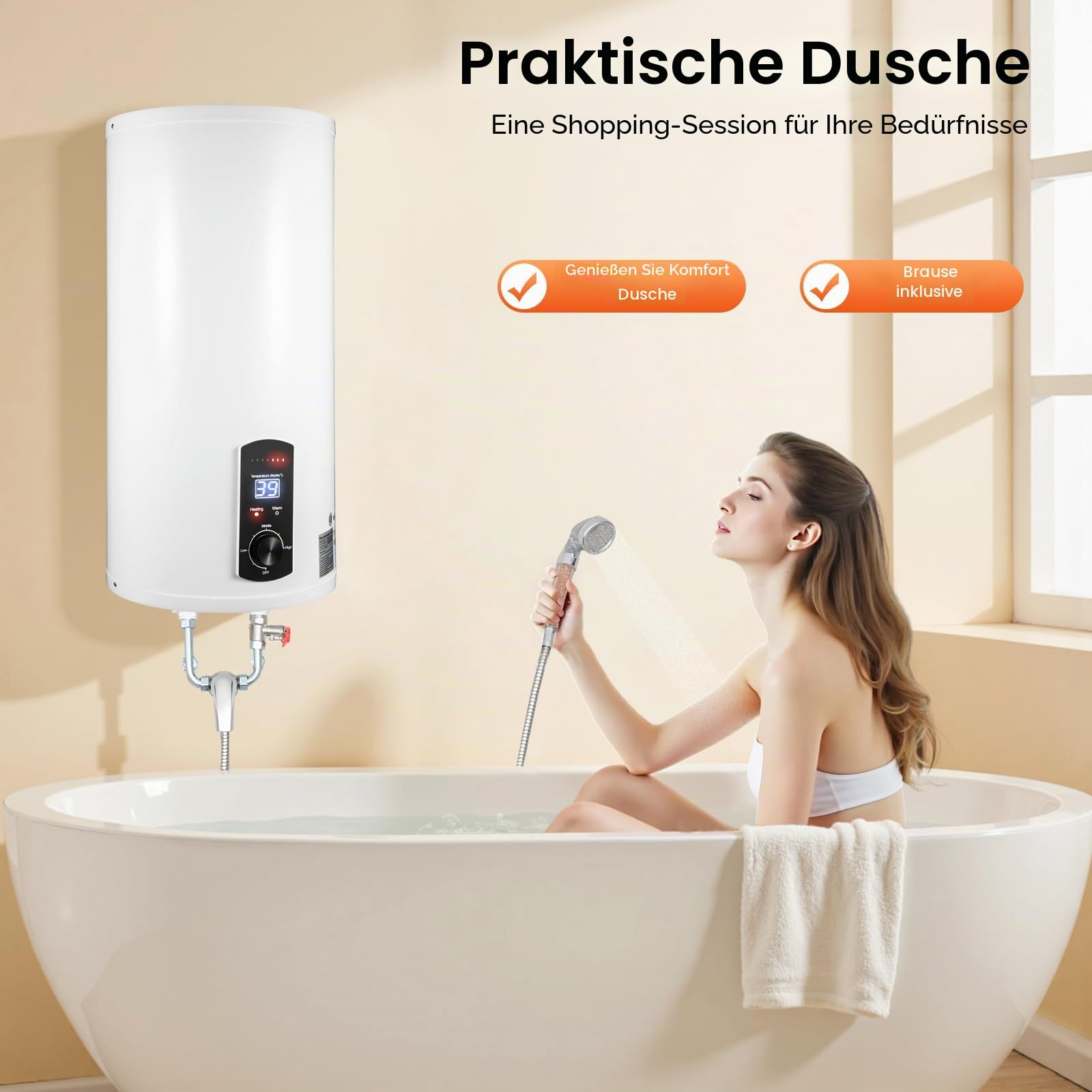 Elektrospeicher Warmwasserspeicher 220V, Wandspeicher Tank-Wassererhitzer, Warmwasserboiler, Temperaturanzeige, 2000W Elektro Boiler Wasserboiler (Weiß, 50L)