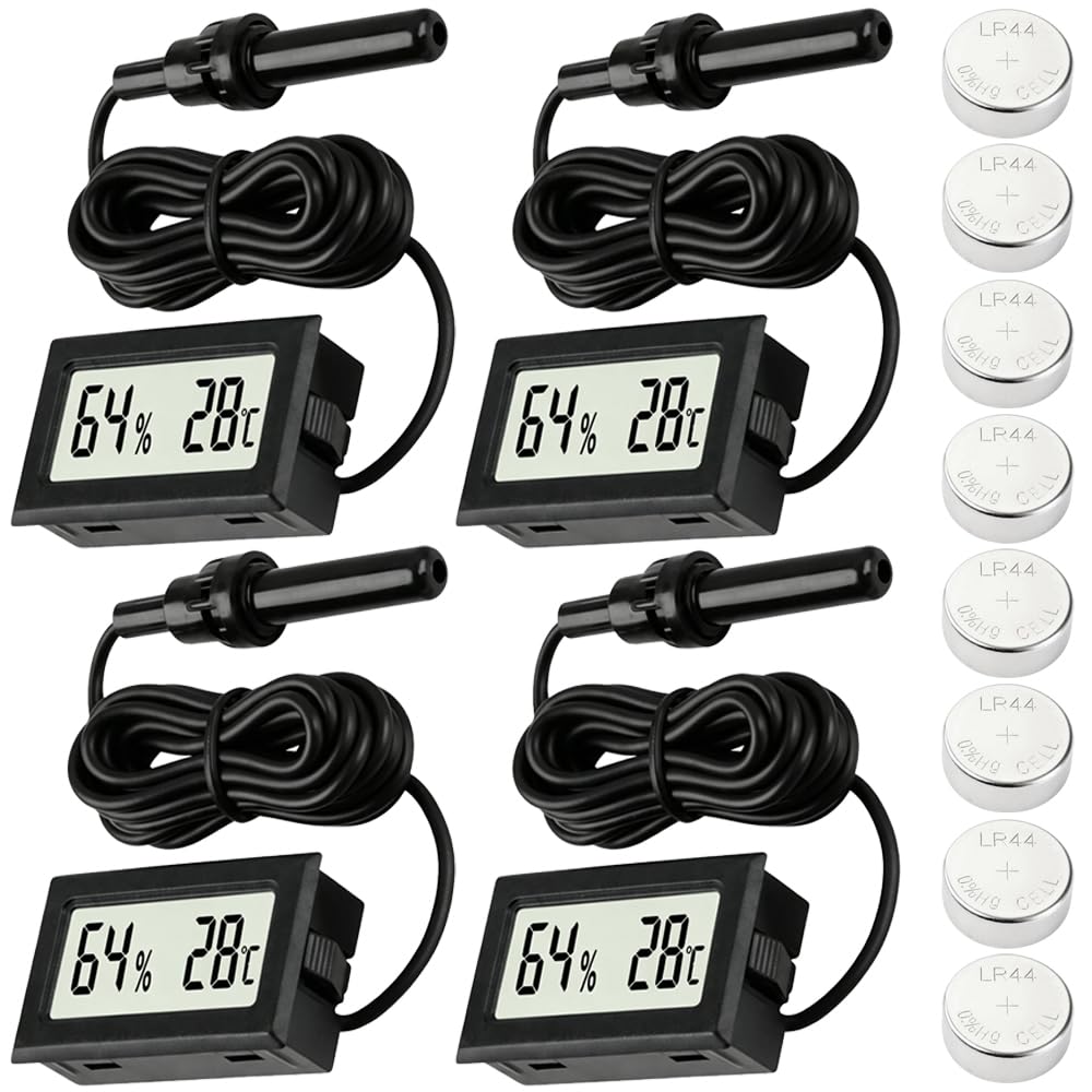 JYUDAUFU Digital Hygrometer Thermometer with Probe, Mini LCD Humidity Temperature Meter, Indoor Outdoor Sensor for Reptile Tank, Incubator, Humidor, Greenhouse, Fridge, with LR44 Batteries (4 Pack)