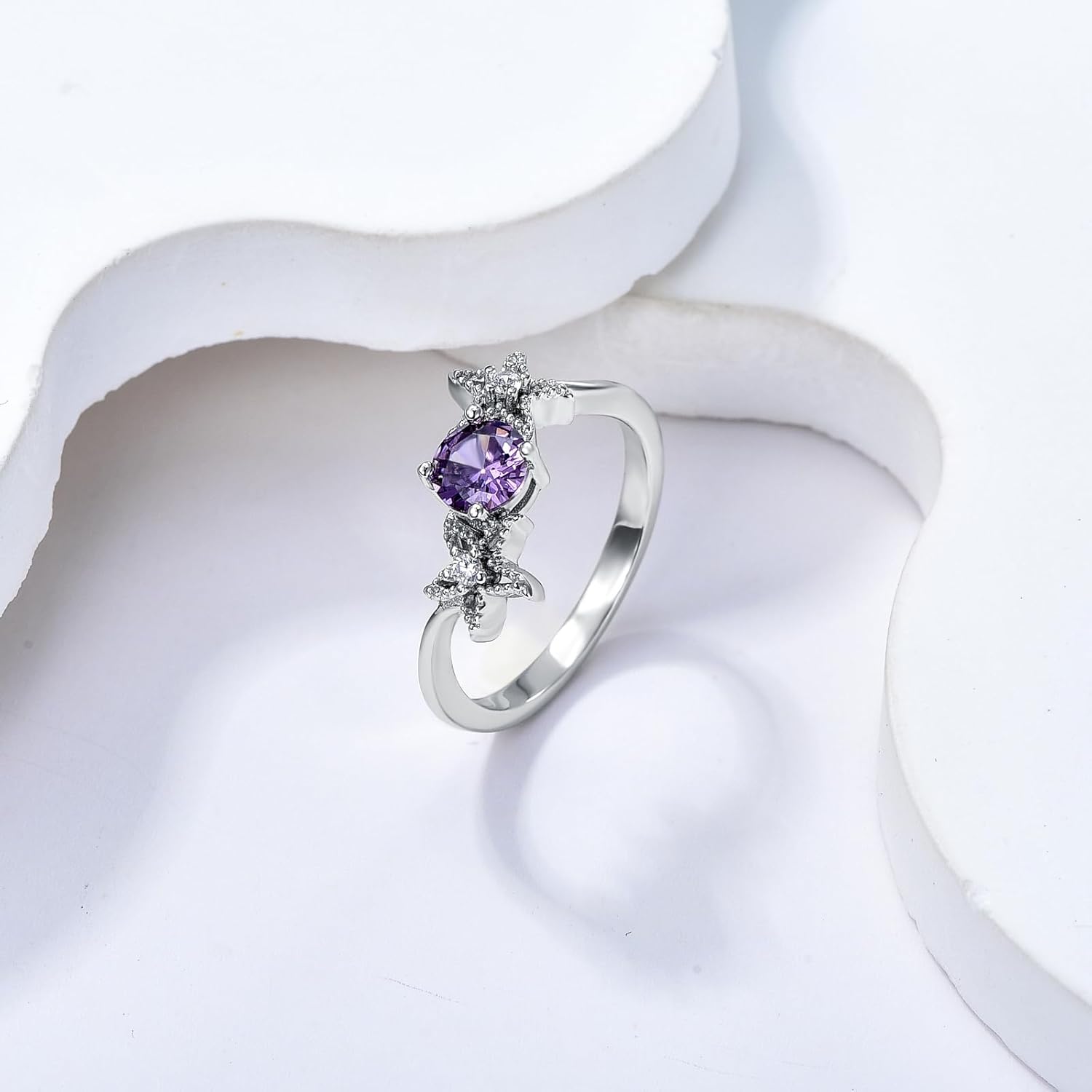 Amethyst Ring 925 Sterling Silver Starfish Accent Birthstone Rings for Women - Image 3