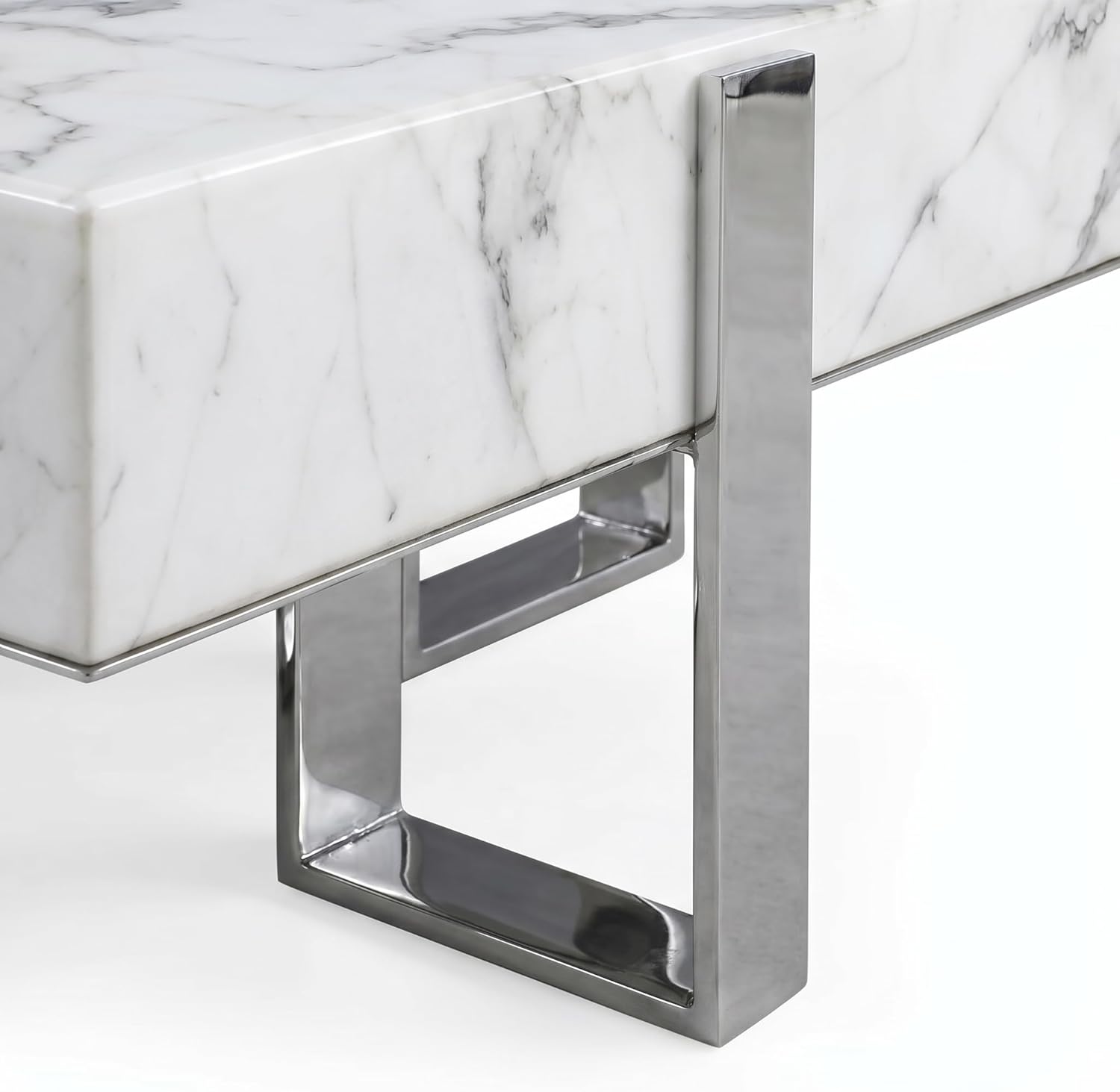 White and Silver Square Coffee Table for Living Room, Modern Luxury Coffee Table with Faux Marble Tabletop and Chrome Stainless Steel Legs for Apartment
