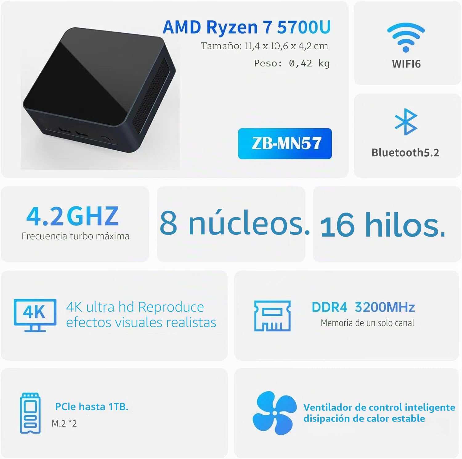 Mini PC AMD Ryzen 7 5700U (8 núcleos 16 Hilos, hasta 4,3 GHz) 16 GB DDR4 RAM 512 GB PCIE 3.0 SSD, Compatible con Windows 11 Pro/WiFi 6/BT-5.2 /USB*4/USB-C /2*HDMI, 4K@60Hz Pantalla Triple