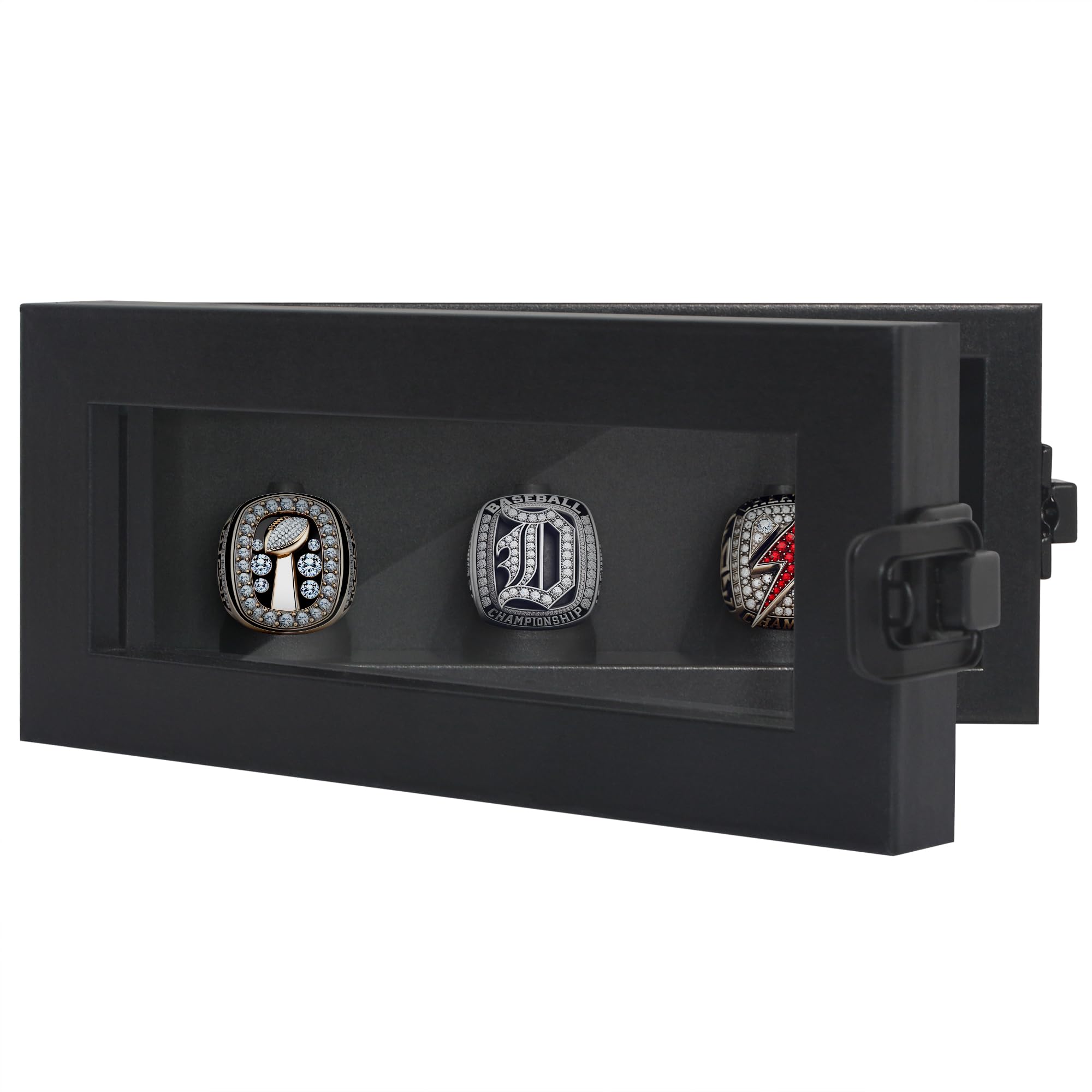 Americanflat 3.5x8 Championship Ring Display Case with Lock and Key - Hold 3 Rings - Black Ring Case for Jewelry Display with Shatter-Resistant Glass - Freestanding or Wall-Mounted Displays for Rings