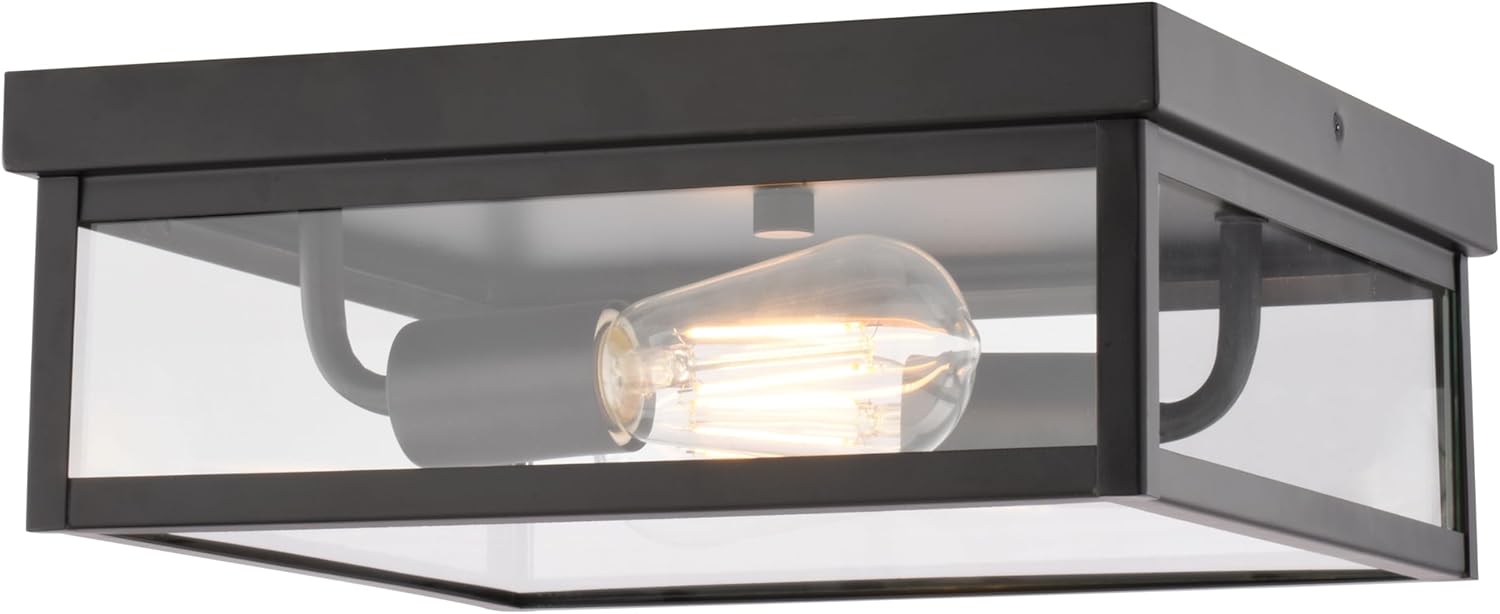 VAXCEL Clinton 12 in. W 2-Light Matte Black Transitional Outdoor Flush Mount Ceiling Light with Clear Glass Shade, LED Compatible, Made of Durable Steel for Exterior Porch Patio Front Door or Garage