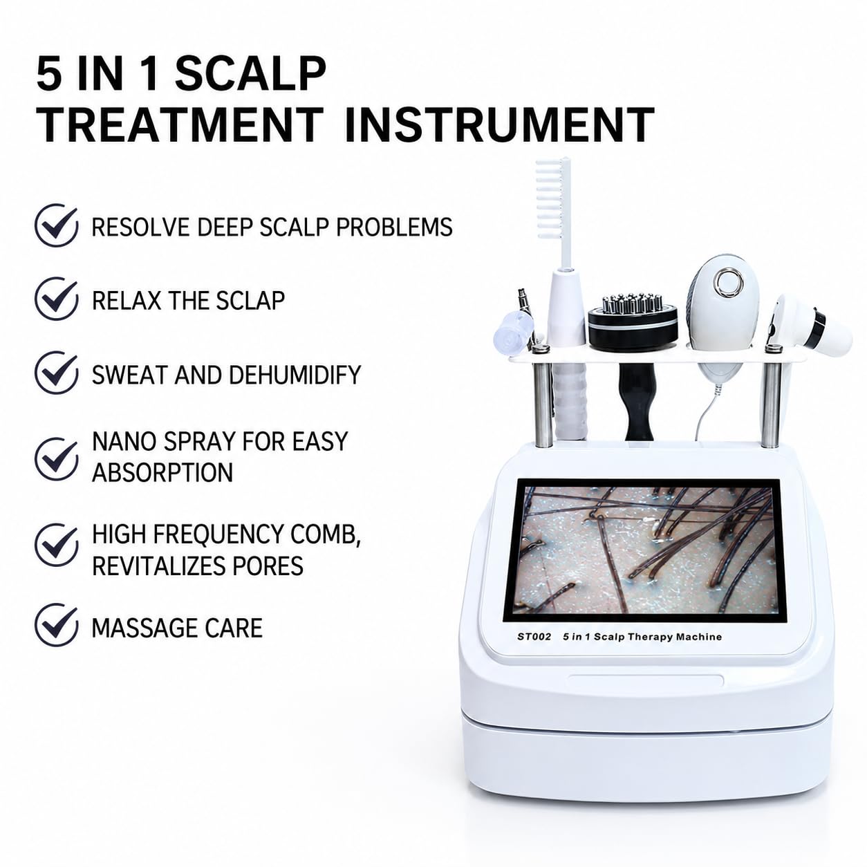 Analizador de cabello y cuero cabelludo 5 en 1, máquina de diagnóstico de piel con masajeador de cuero cabelludo y detector de folículos pilosos para uso doméstico y de salón