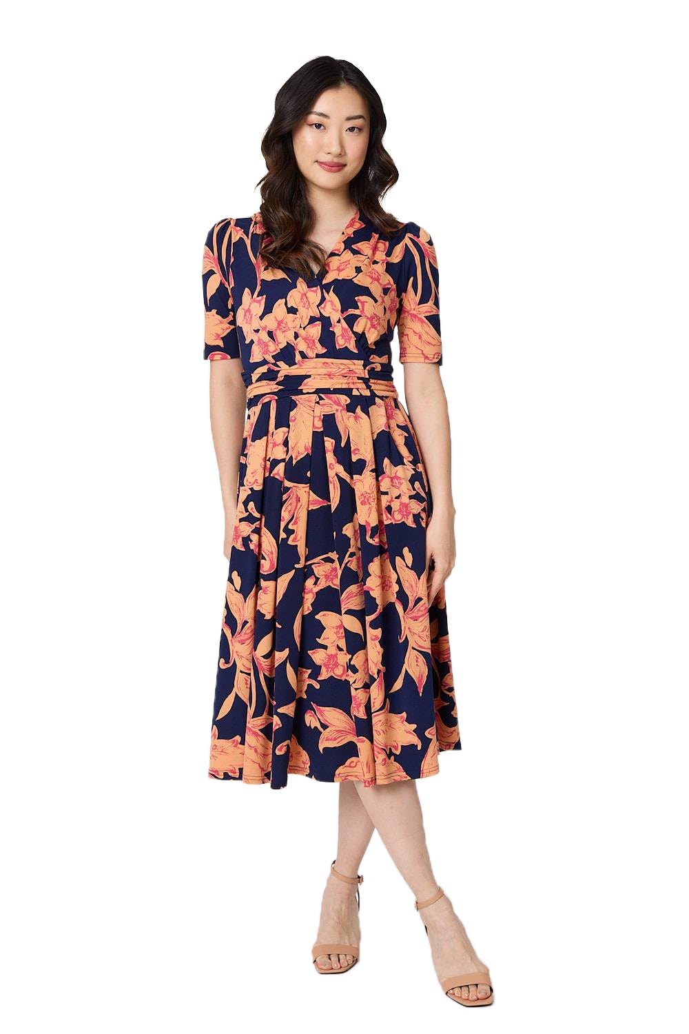 Izabel London Women's Blue Floral 1/2 Sleeve Faux Wrap Midi Dress In Size 16