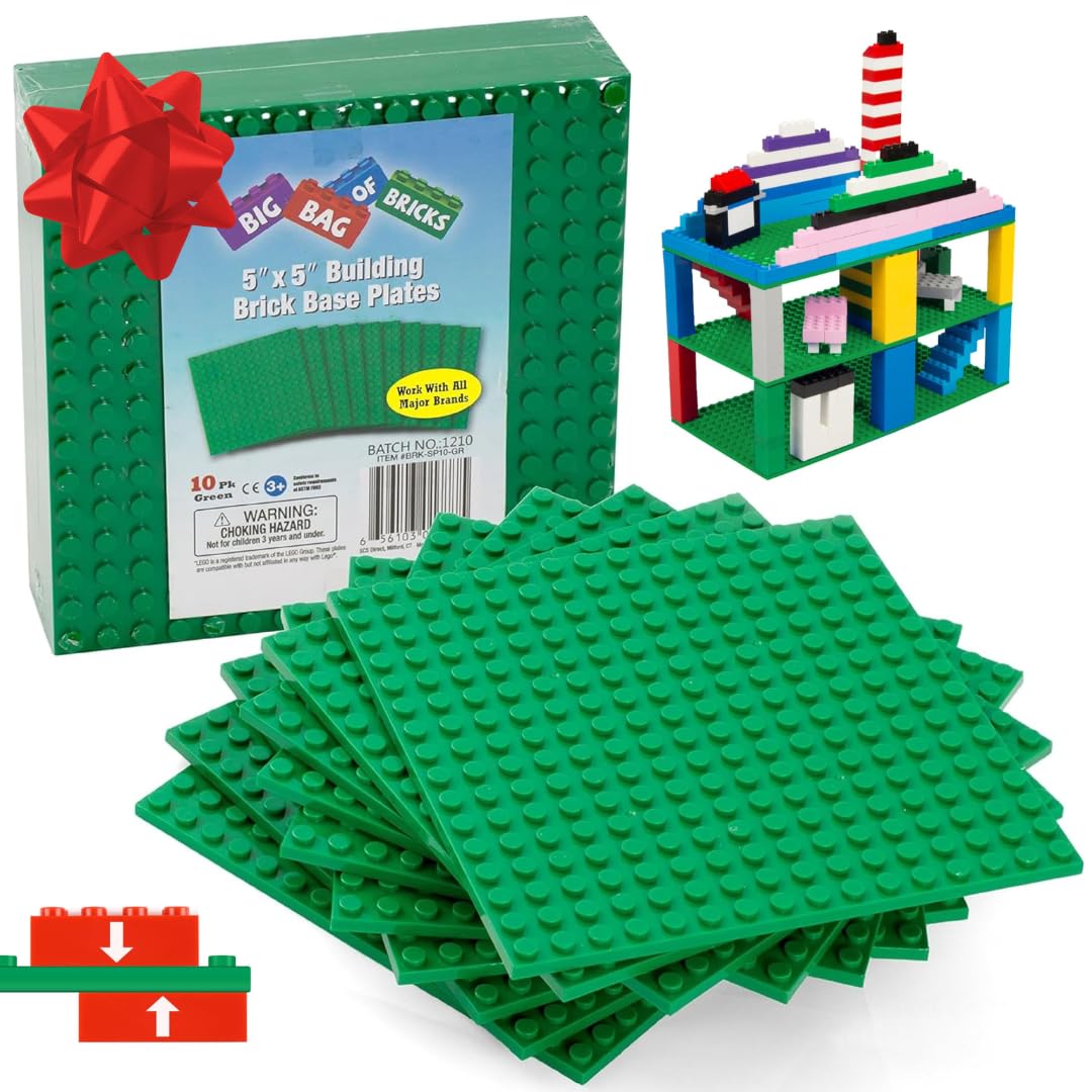 Brick Building Blocks Green Baseplates - 5"x5" (10pcs) Dual Connectivity for Stacking - Compatible & Tight fit with All Major Building Blocks Brands - Great for Activity Tables, Xmas Gift