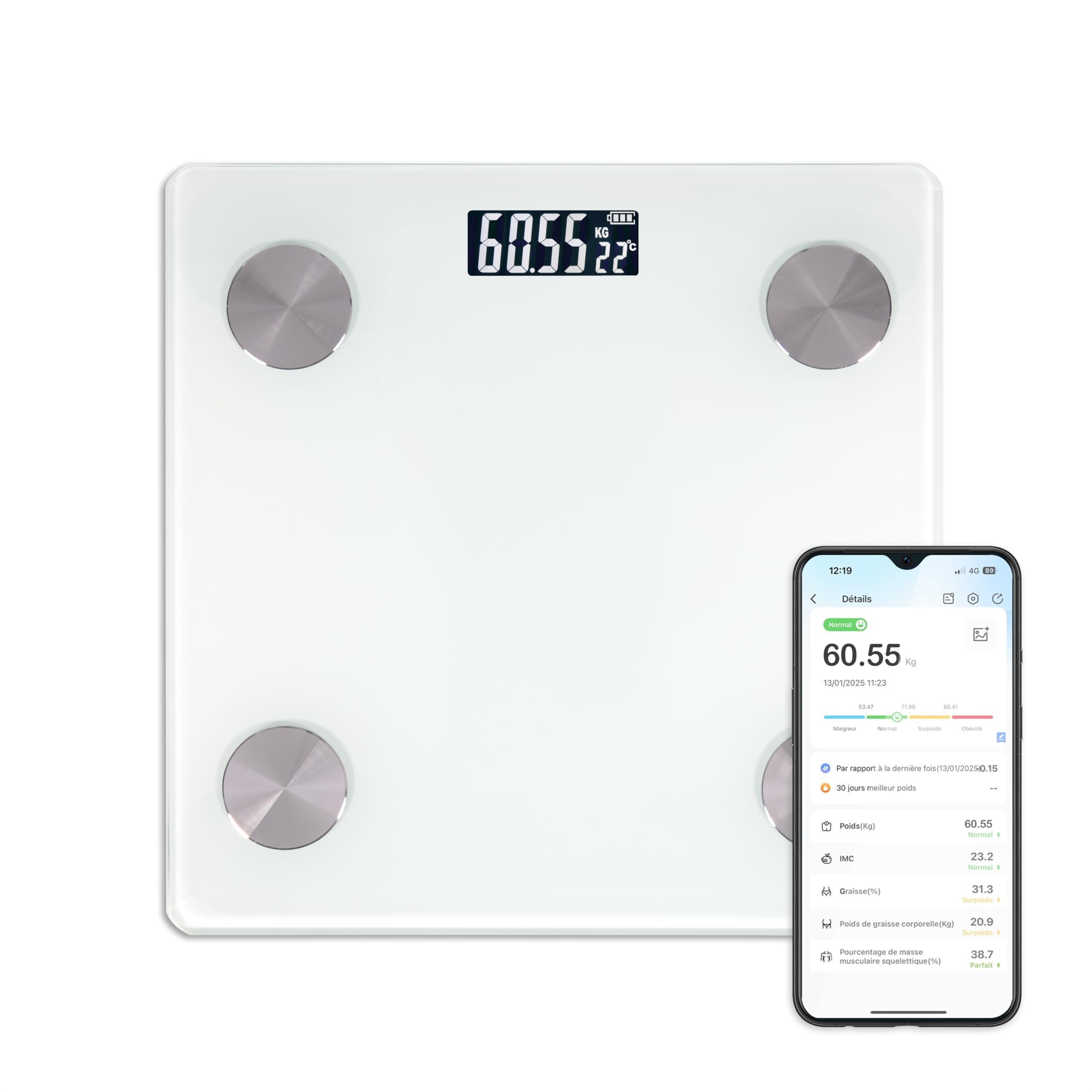 Onli - Pèse-​personne impédancemètre connecté ON1002W - jusqu'à 180kg, 17 indicateurs corporels, 8 mémoires utilisateurs, application OKOK