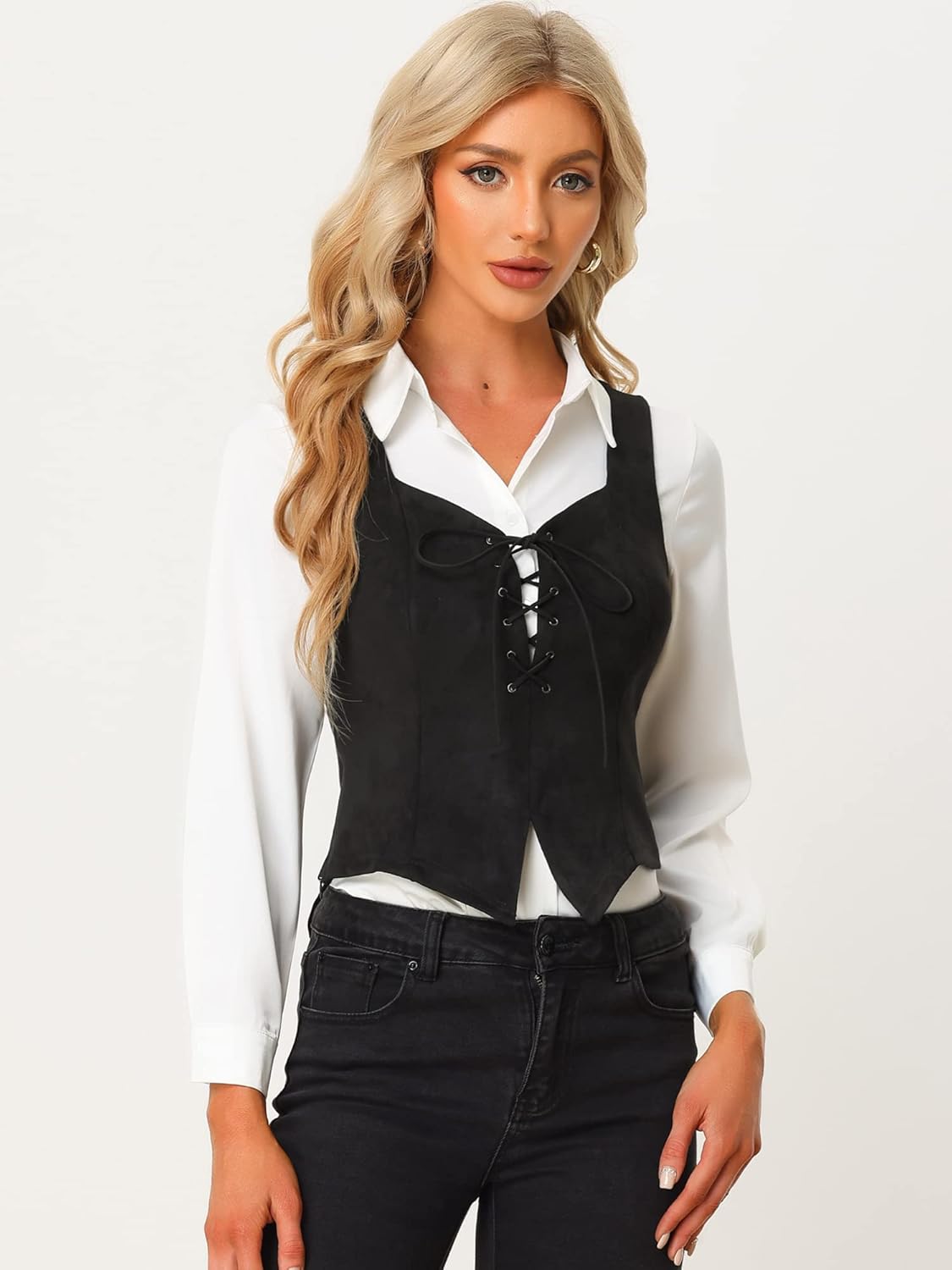 Allegra K Women's 2025 Vintage Faux Suede Vest Jacket Sweetheart Neck Sleeveless Lace Up Waistcoat Vest - Image 2