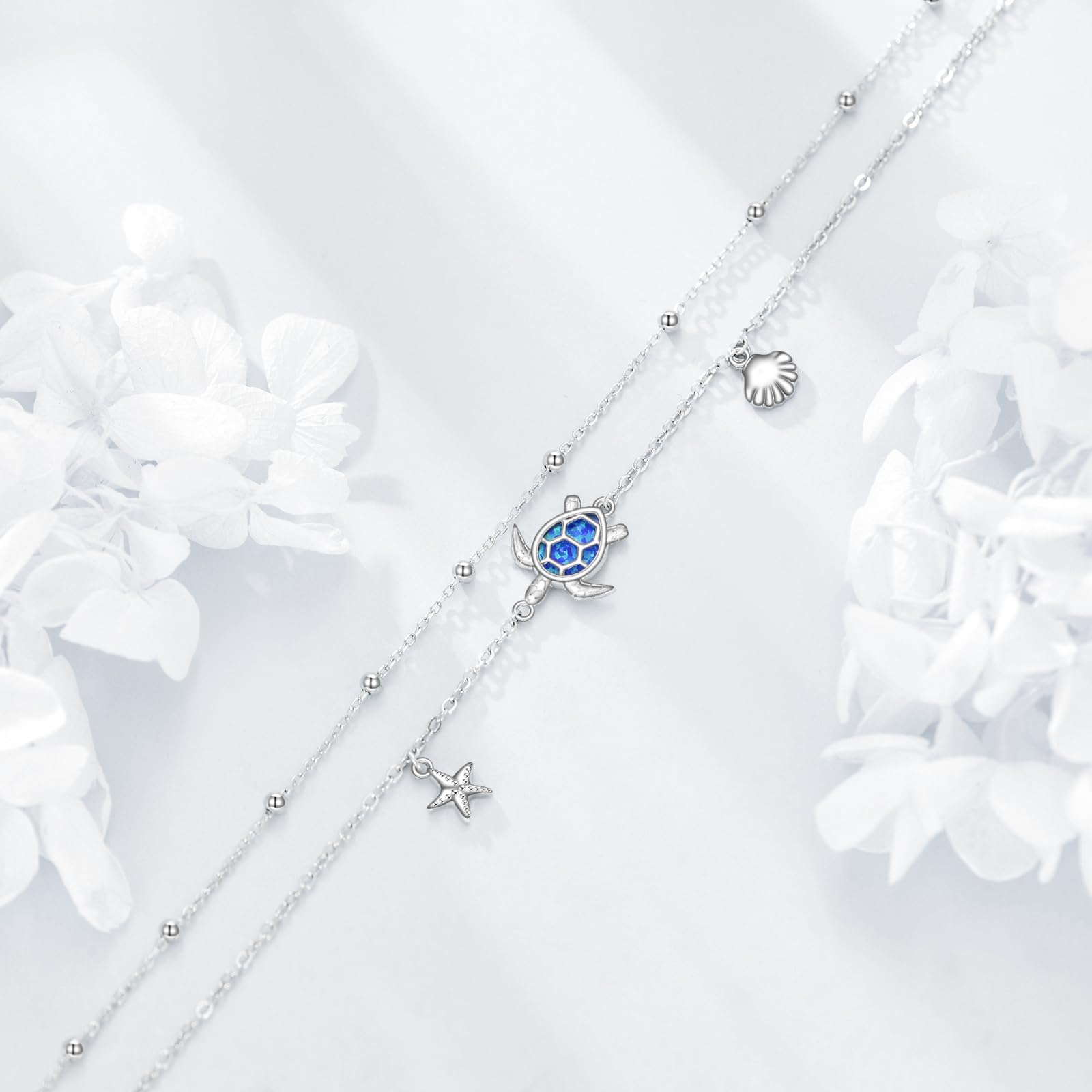 DAYLINLOVE Tobillera de tortuga de plata de ley 925 con estrella de mar, concha de mar, pulsera de tobillo ajustable para mujer, 9+2, Plata de ley, No es una piedra preciosa