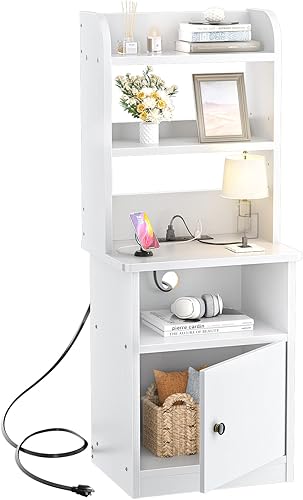 Mesita de noche con estación de carga y puertos USB mesita de noche de 47 pulgadas de alto con estantería ajustable mesa auxiliar industrial con