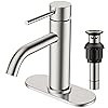 FORIOUS Single Hole Bathroom Faucets 1 Handle, Brushed Nickel 3 Hole Bathroom Sink Faucet with Metal Pop up Drain and Supply Hose, Suitable for Vanity Lavatory Restroom Remodel