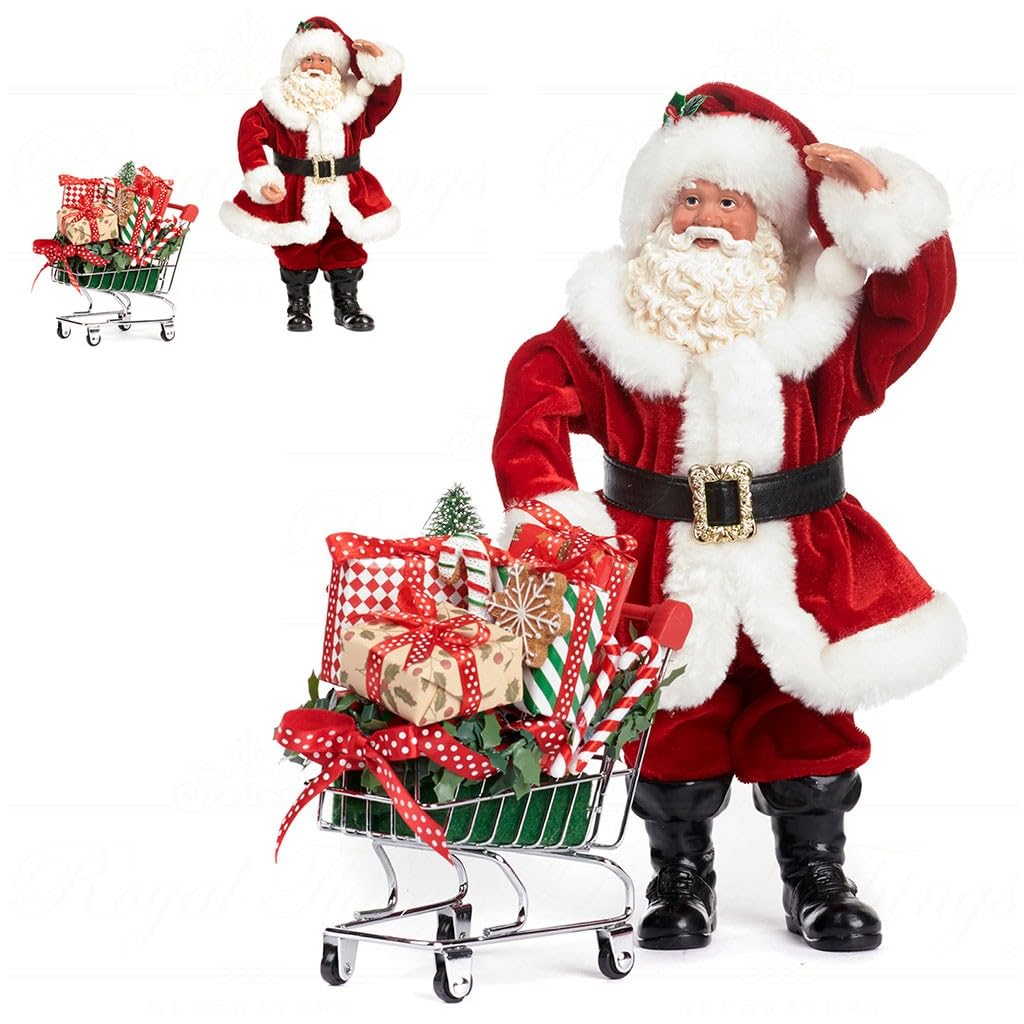 Goodwill White Santa With Shopping Trolley 28 Centimetre Resin And Fabric Tabletop Centerpiece Decoration