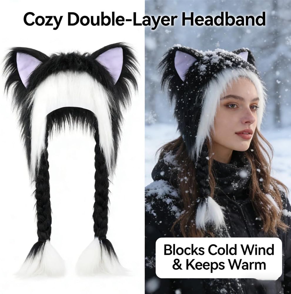 ふわふわの毛皮の動物耳帽子（編み込み付き）、キュートな角付き冬用帽子、コスプレや冬のパーティーに最適なファースーツ猫耳ヘッドウェア