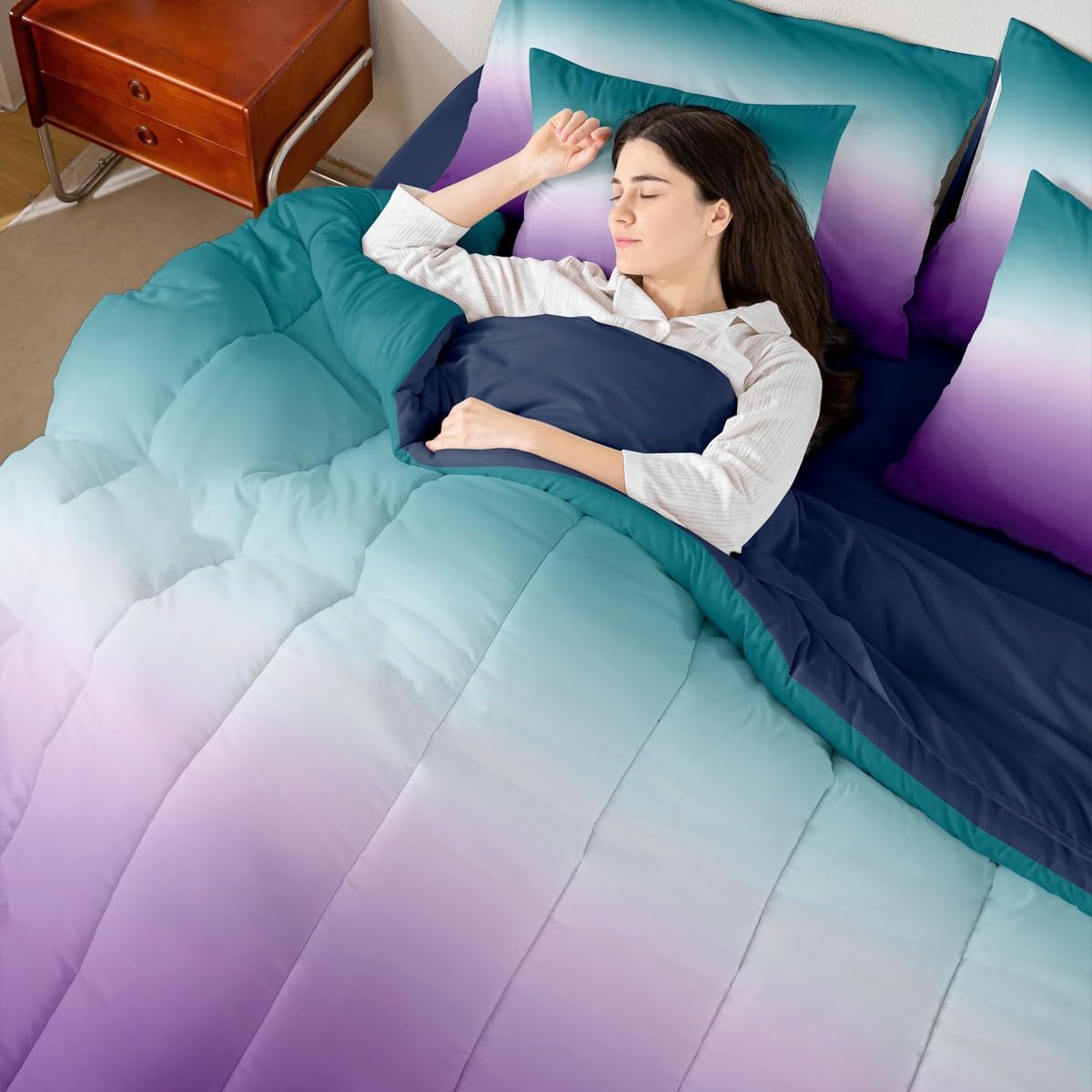 Erosebridal Ombre Comforter Set Green Purple Teal Bedding Set Queen Size Colorful Gradient Reversible Bed in a Bag 7 Pcs(1 Comforter,2 Pillowcases,1 Flat Sheet,1 Fitted Sheet,2 Throw Pillow Covers)