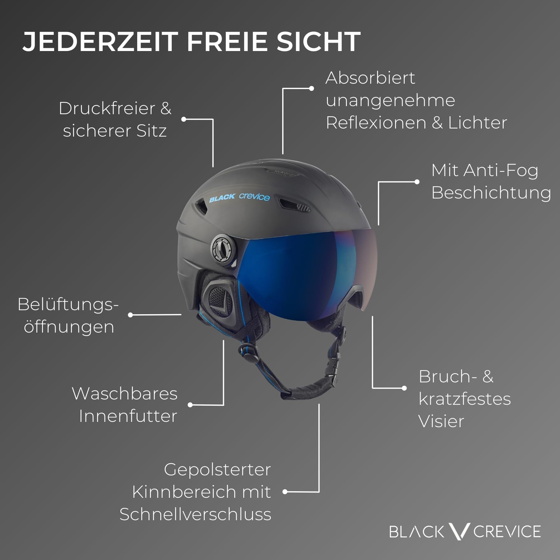 Black Crevice Silvretta Skihelm mit Visier im Pilotenstil Herren & Damen Polycarbonat Unisex Erwachsene Open Face Skihelm
