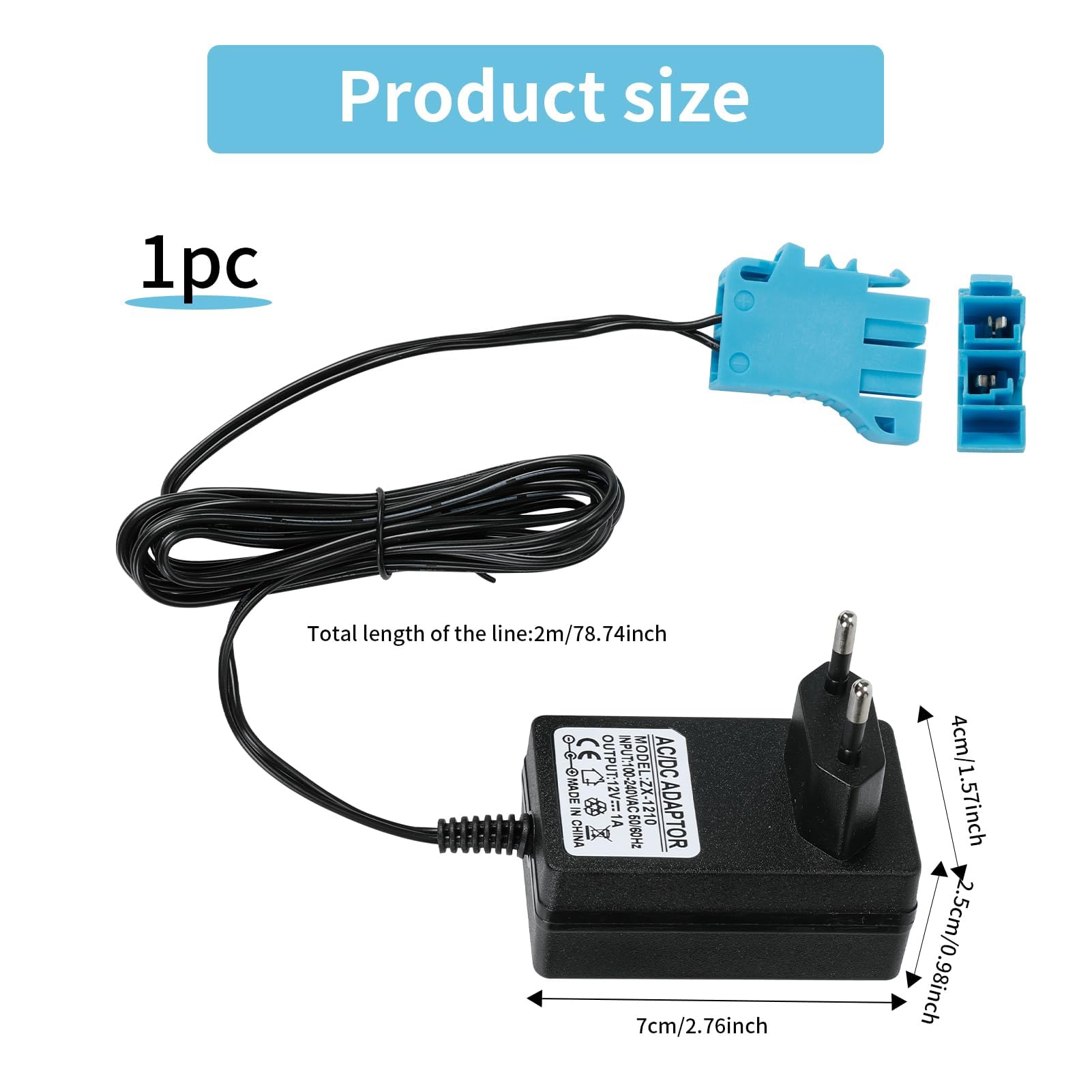 Chargeur 12V Pour Voiture électrique Peg Perego – Compatible Tractor, John Deere, Polaris, Moto Enfant, Câble 2m, Sécurité Intégrée
