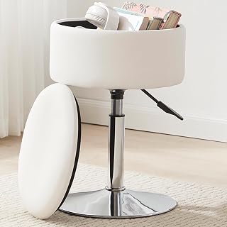 RUCUKEN Adjustable White Vanity Stool with Storage - Swivel Faux Leather Makeup Chair for Bathroom Bedroom Ottoman 350lbs Capacity