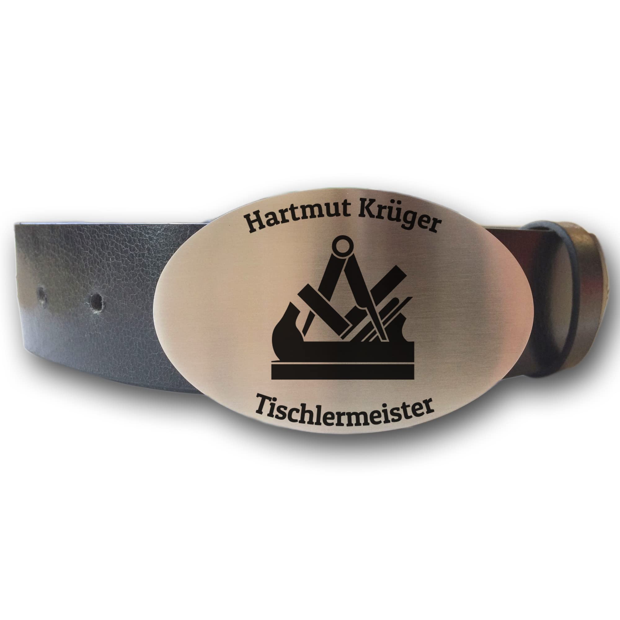 Ledergürtel mit ovaler Gürtelschnalle Zunftzeichen Tischler und Wunschgravur personalisiert Dein Text Name Firma Gürtel Geschenk Tischlerin