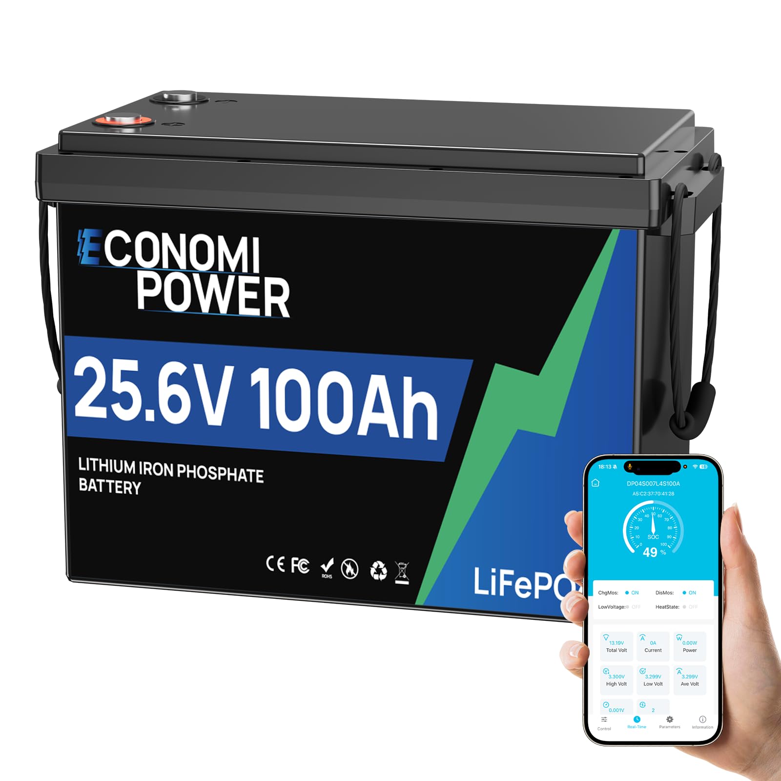 Bluetooth Batterie Lithium 24V 100Ah Lifepo4, 100A BMS intégré, 6000+ Cycle profond lifepo4, 2560Wh Batterie Lithium pour Camping-car, Bateau, Solaire et hors-réseau