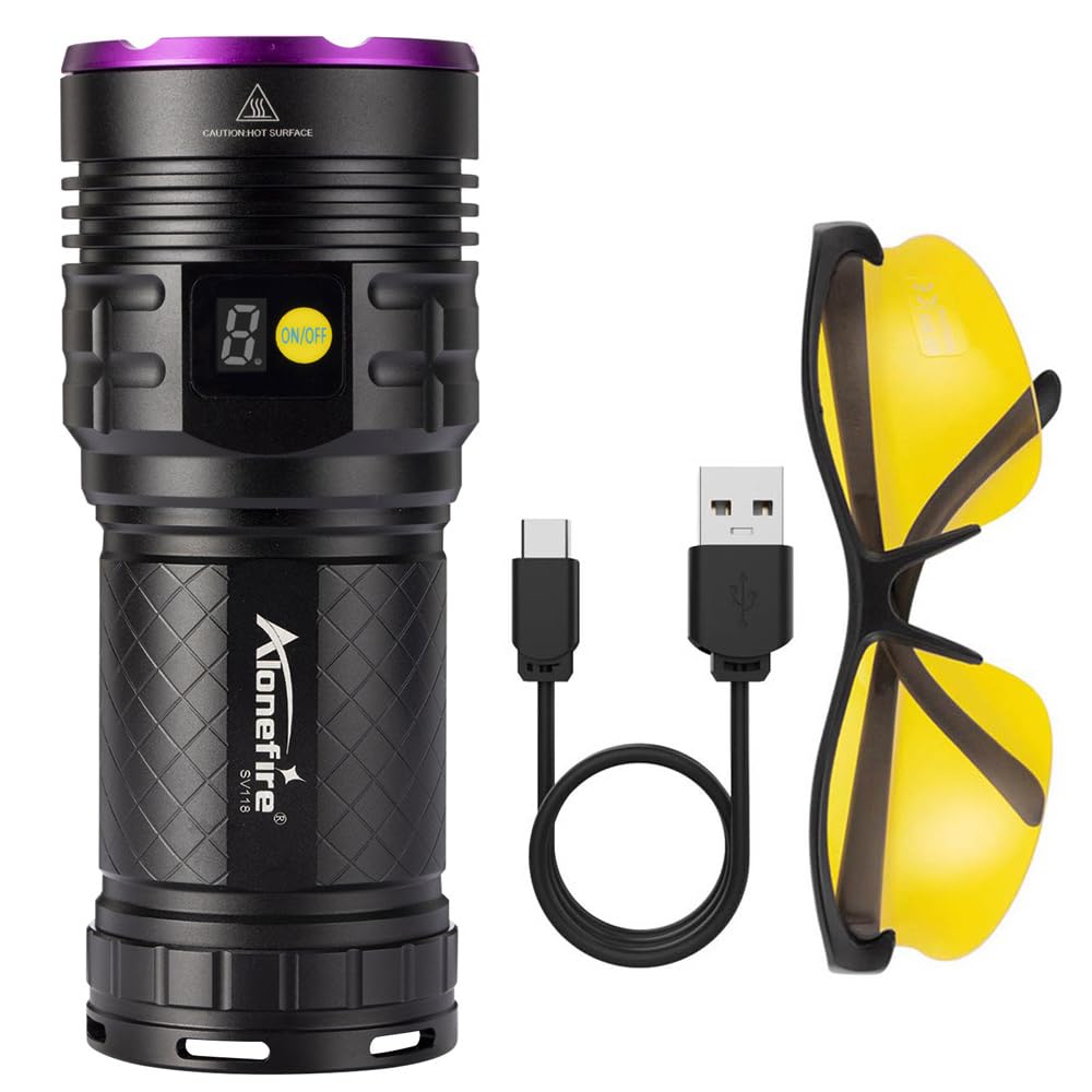 Alonefire SV118 365nm UV Taschenlampe 80W USB Aufladbar Digitale Anzeige Stark Schwarzlicht Haustierurin Detektor für Harz, Angeln, Skorpion, Bernstein, Mineralien mit UV Schutzbrille, Batterie