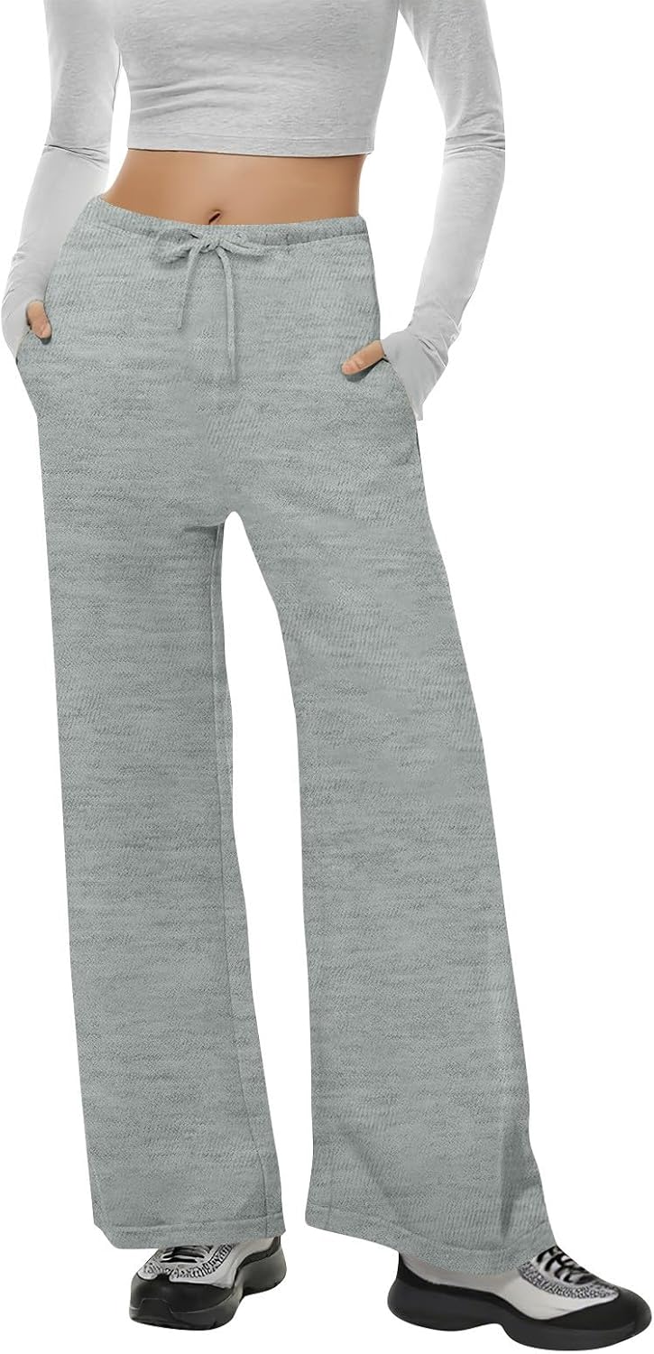 Women's Wide Leg Sweatpants Wide Leg Drawstring Elastic High Waist Pants with Pockets Solid Color Casual Trousers