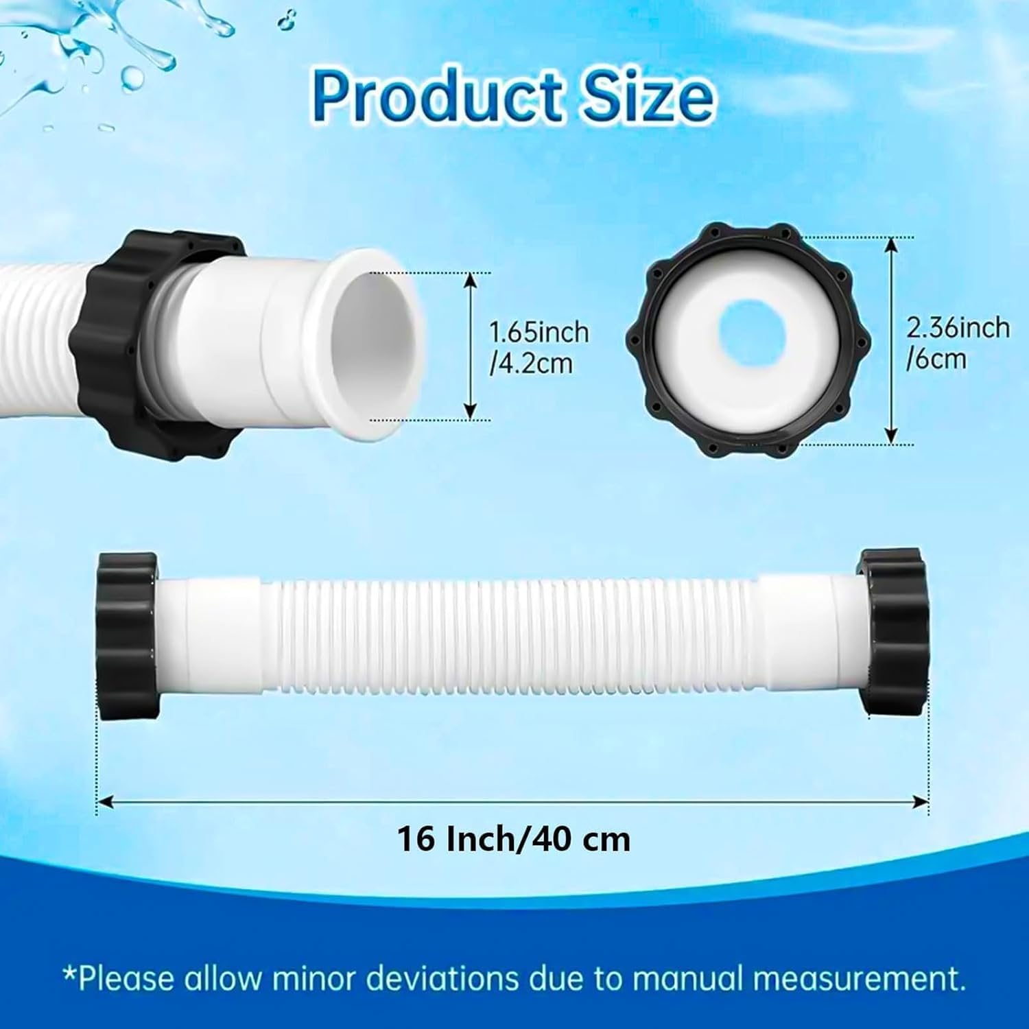 2 Stück 40cm Schwimmbadschlauch, Universal Pool-Pumpe Ersatzschlauch, Pool Filterpumpenschlauch mit Muttern, Pool-Schläuche mit 3,8 cm Durchmesser, für oberirdische Pools, Filterpumpen