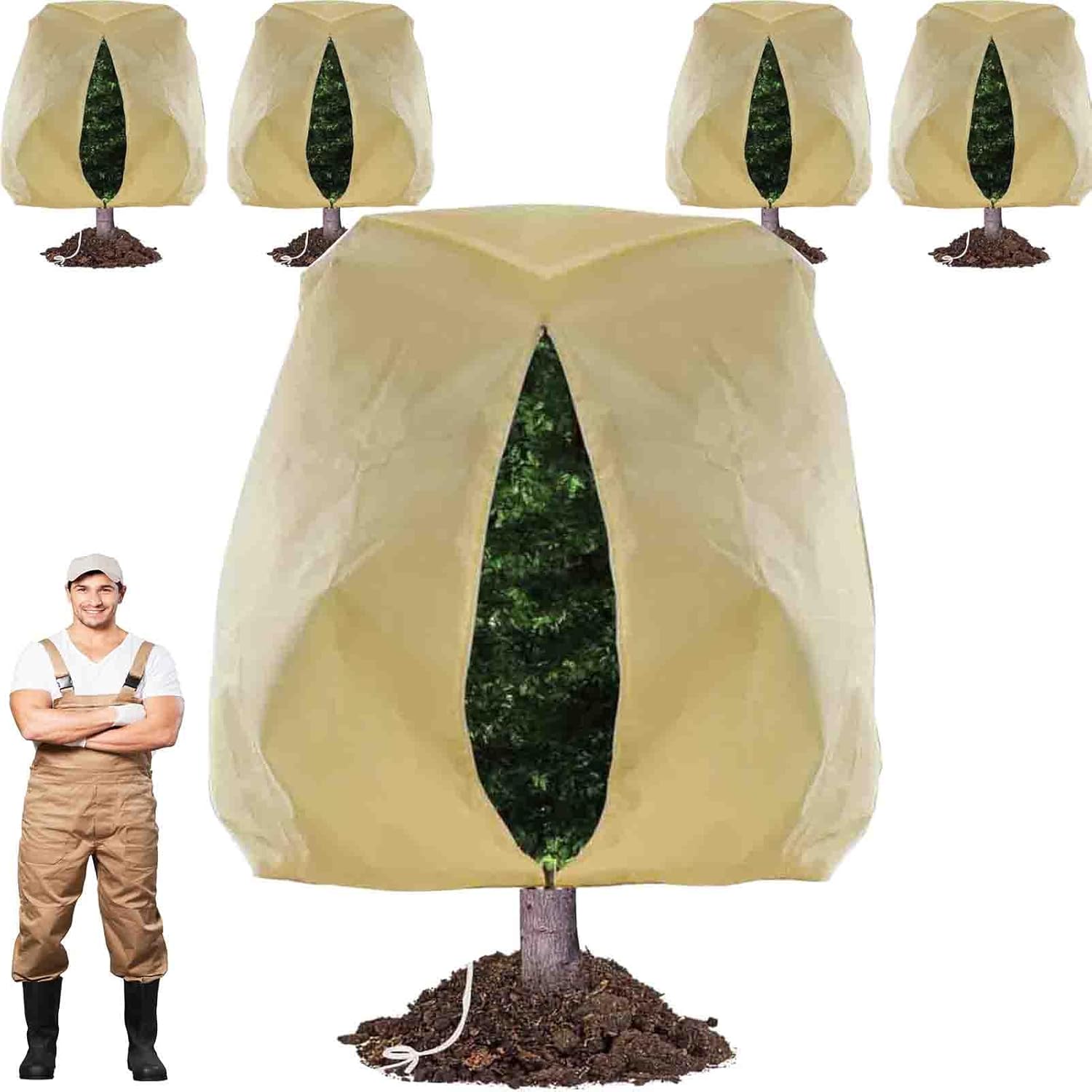 TCBWFY 95x80 Inch Huge Plant Covers Freeze Protection Frost Cloth for Outdoor Plants,2.82oz/yd² Thickened Winter Tree Covers with Zipper Drawstring,4 Pack Frost Blanket from Wind,Pest and Animal 95“Hx80"W-4PCS-2.82oz/yd² Beige