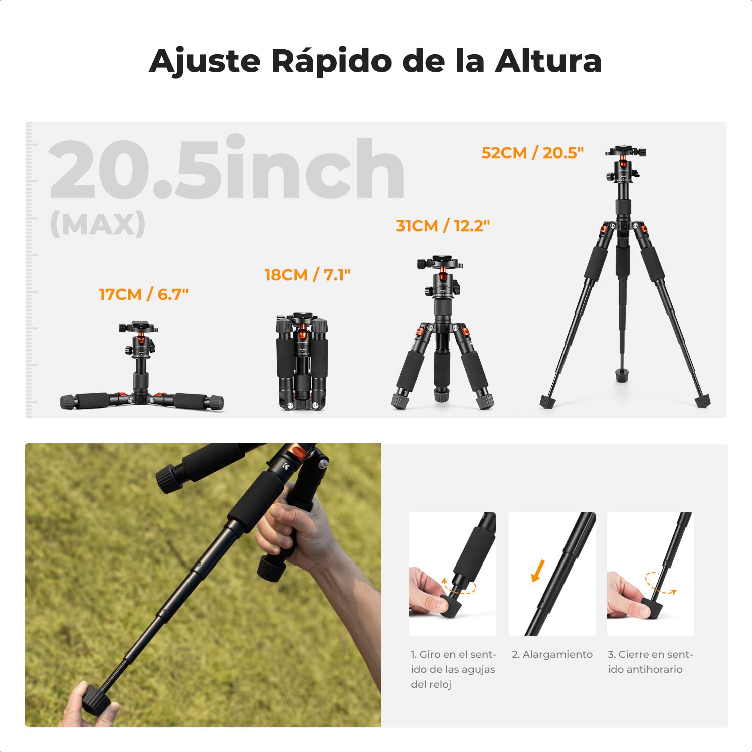 K&F CONCEPT Mini Trípode Portátil S225A0+BH-25L Trípode de Sobremesa 50cm para DSLR, Cámara Réflex Digital, Teléfono Móvil, con Clip para Teléfono y Placa de Liberación Rápida de 1/4 ''