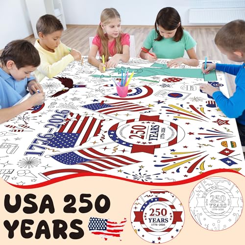Image of OHOME 4th of July Giant Coloring Poster /Tablecloth - 250th Anniversary USA Decorations,Kids July 4th Crafts Games Activities Toys Decor Party Decor 250 America Merchandise