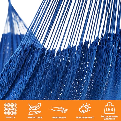 Image of Lazy Daze Hammocks Handwoven XL Mayan Hammock, 10.5 FT Soft Rope Double Hammocks, Portable Outdoor Hammock with Carry Bag, 2 Straps & Carabiners for Patio Outside, 550 lbs Weight Capacity, Blue