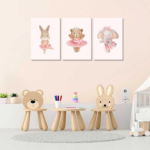Miniatura 9 de 3 piezas de lienzo de animales de bailarina rosa, arte de pared, lindo elefante, conejo, oso, decoración de pared, imágenes de guardería, habitación
